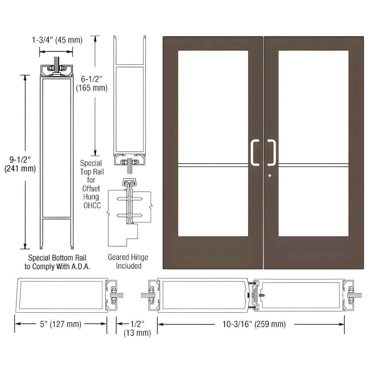 CRL-U.S. Aluminum Bronze Black Anodized Custom Pair Series 550 Wide Stile Geared Hinge Entrance Doors for Overhead Concealed Door Closers