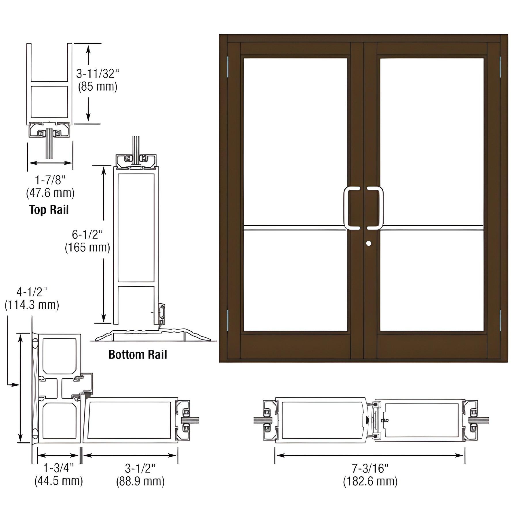 CRL-U.S. Aluminum Bronze Black Anodized Custom Pair Series 800 Durafront Medium Stile Butt Hinge Entrance Doors for Surface Mount Door Closers