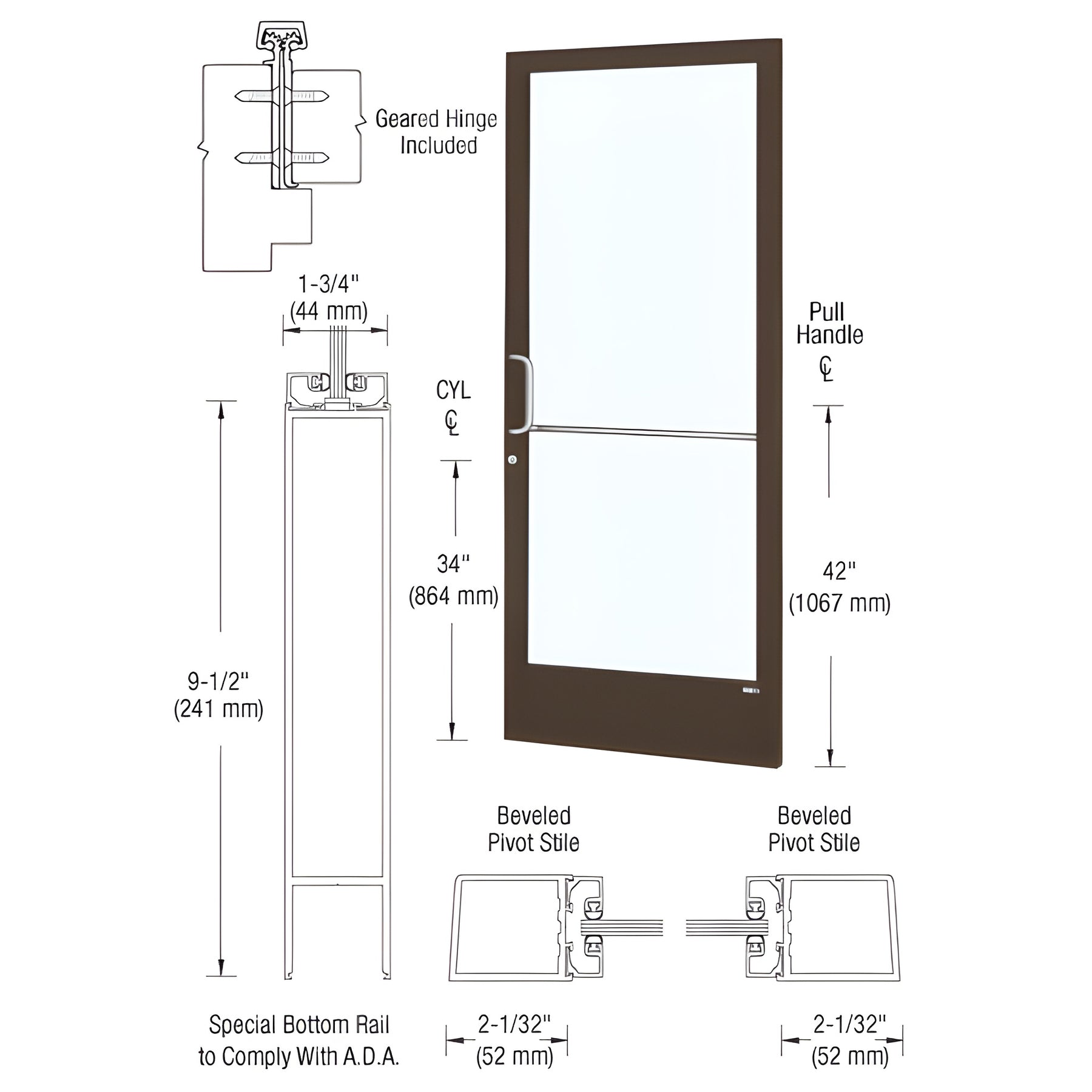 CRL-U.S. Aluminum Bronze Black Anodized Custom Single Series 250 Narrow Stile Geared Hinge Entrance Door for Surface Mount Door Closer