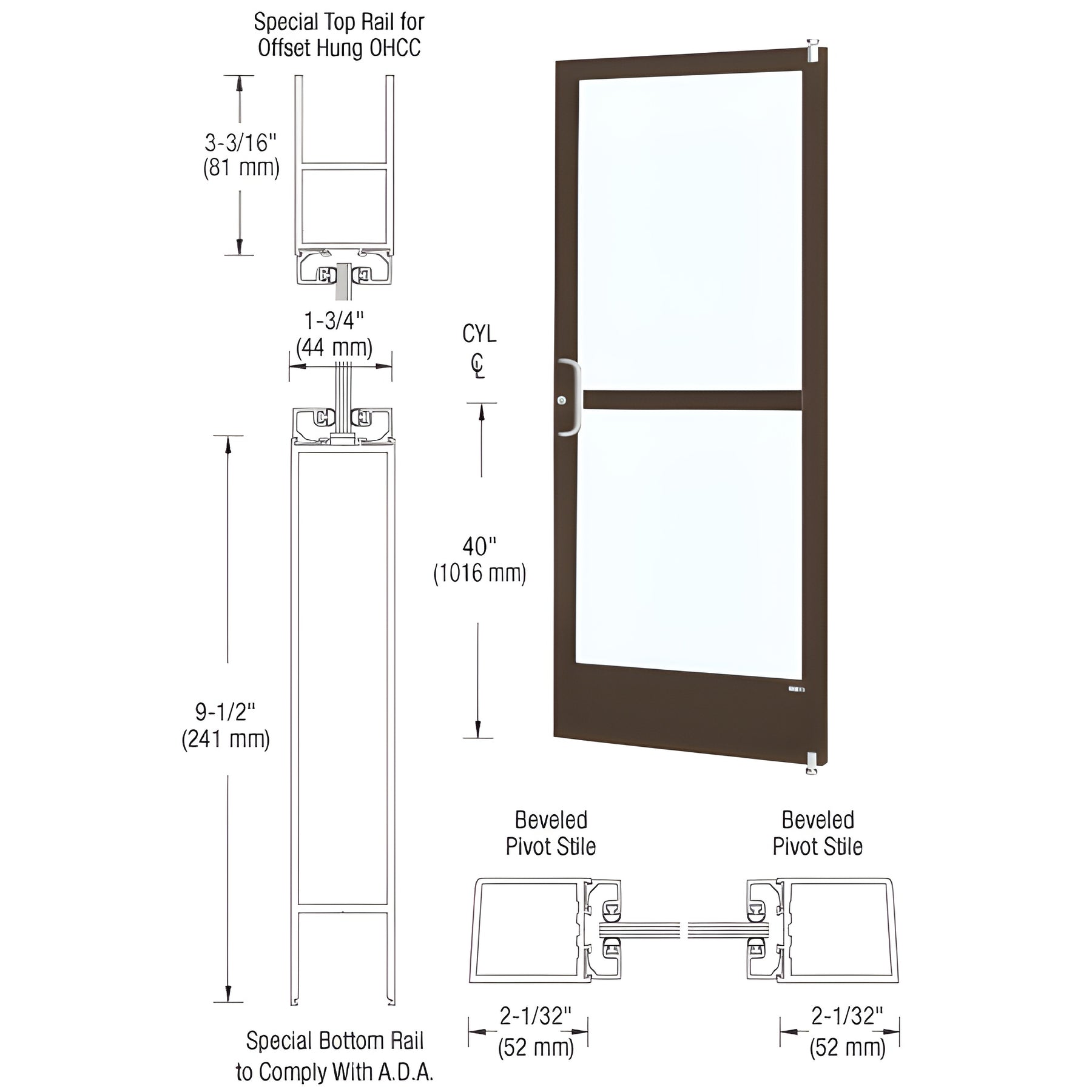 CRL-U.S. Aluminum Bronze Black Anodized Custom Single Series 250 Narrow Stile Offset Pivot Entrance Door With Panic for Overhead Concealed Door Closer