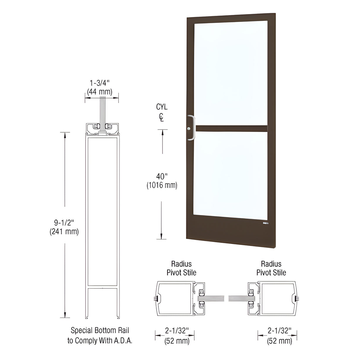 CRL-U.S. Aluminum Bronze Black Anodized Custom Single Series 250 Narrow Stile Center Pivot Entrance Door With Panic for Overhead Concealed Door Closer