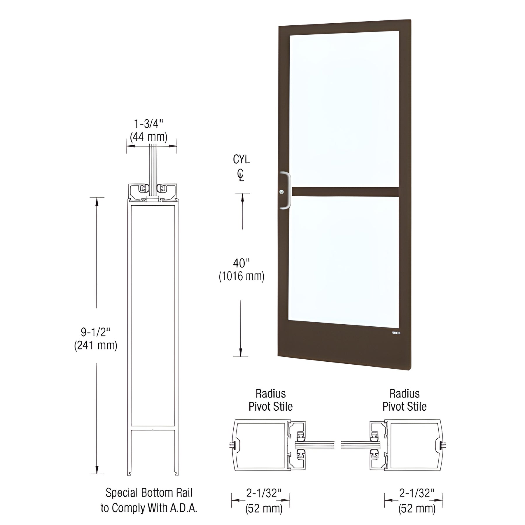 CRL-U.S. Aluminum Bronze Black Anodized Custom Single Series 250 Narrow Stile Center Pivot Entrance Door With Panic for Overhead Concealed Door Closer
