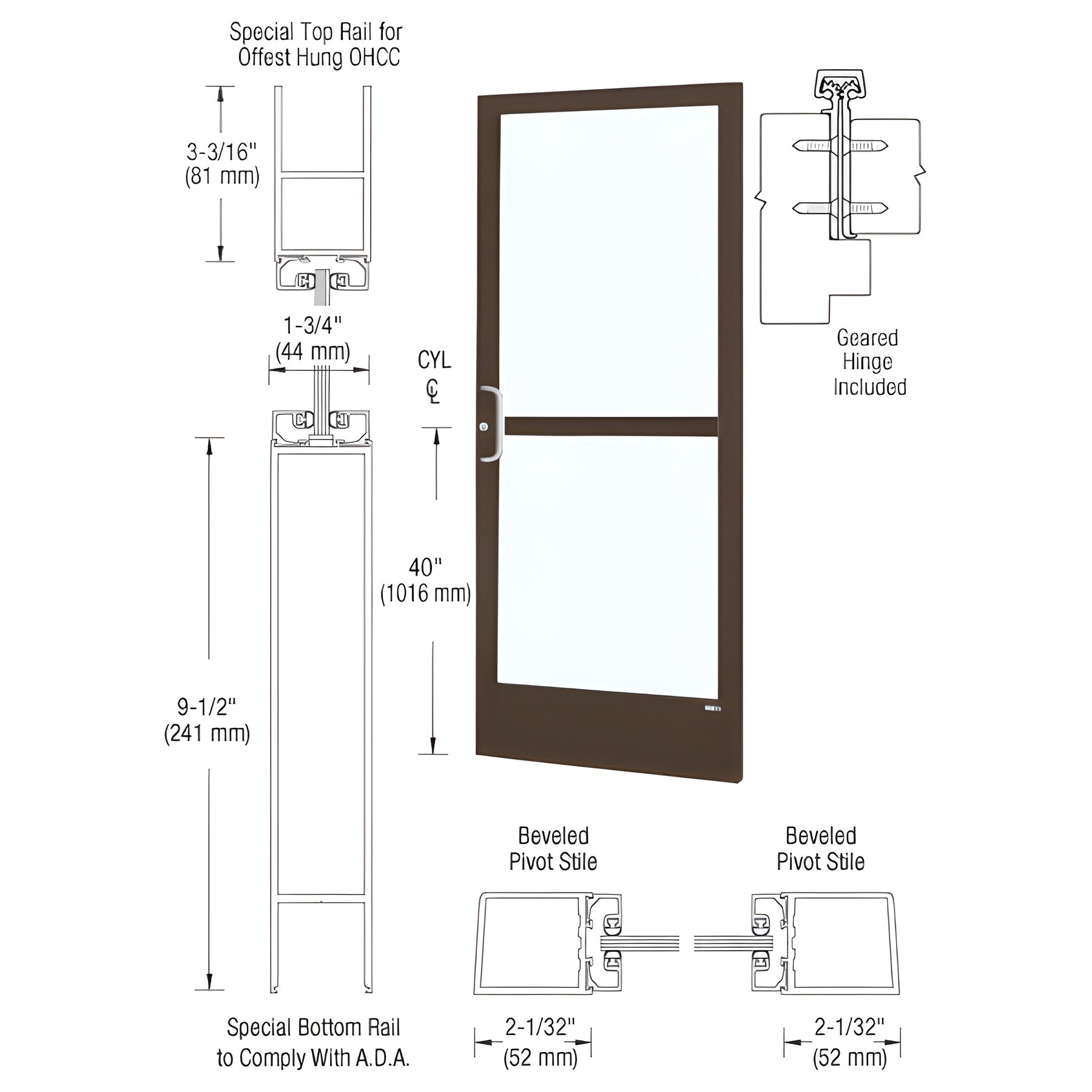 CRL-U.S. Aluminum Bronze Black Anodized Custom Single Series 250 Narrow Stile Geared Hinge Entrance Door With Panic for Overhead Concealed Door Closer