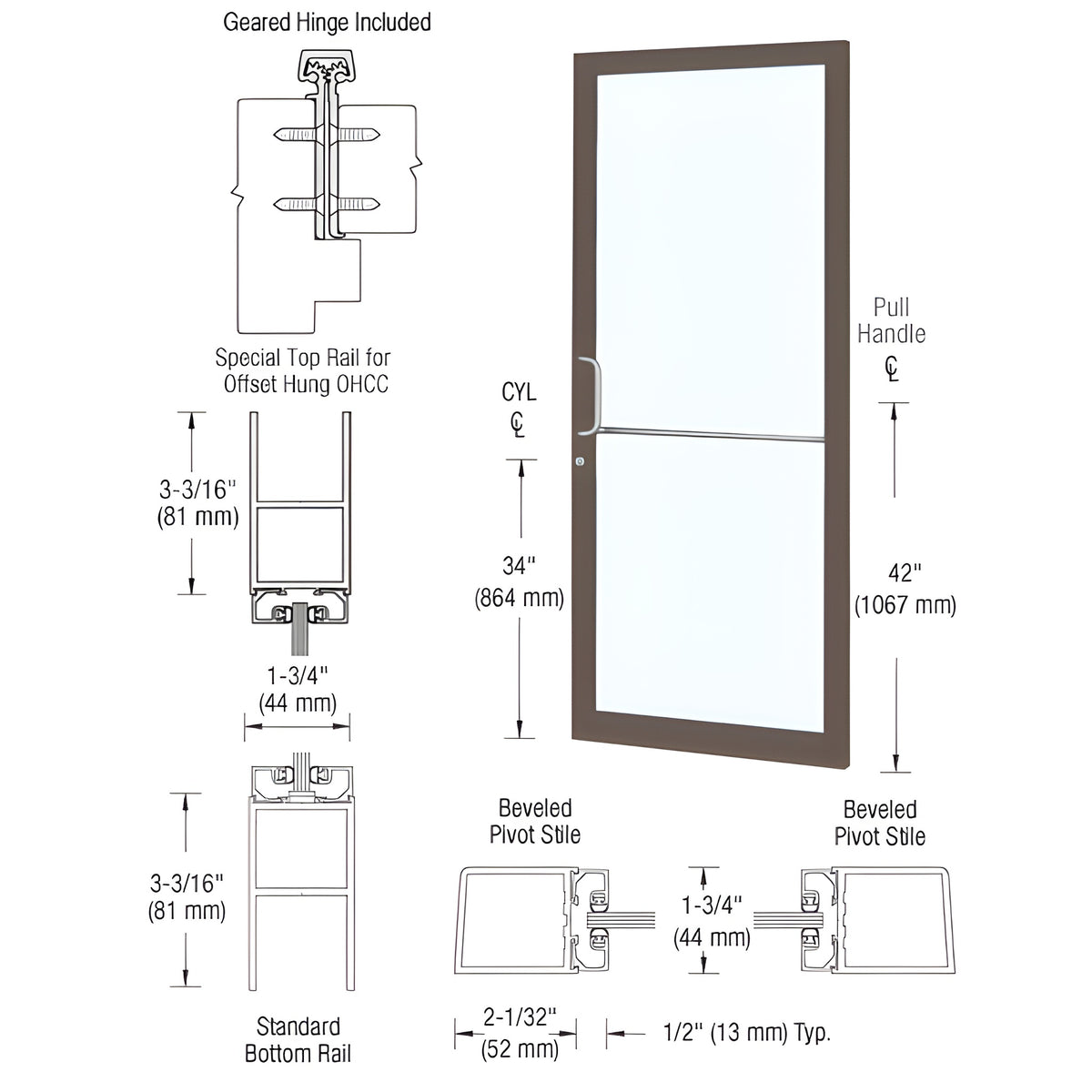 CRL-U.S. Aluminum Bronze Black Anodized Custom Single Series 250 Narrow Stile Geared Hinge Entrance Door for Overhead Concealed Door Closer