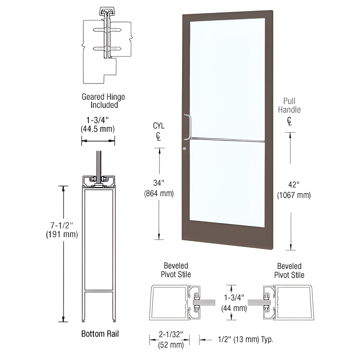 CRL-U.S. Aluminum Bronze Black Anodized Custom Single Series 250 Narrow Stile Geared Hinge Entrance Door for Surface Mount Door Closer