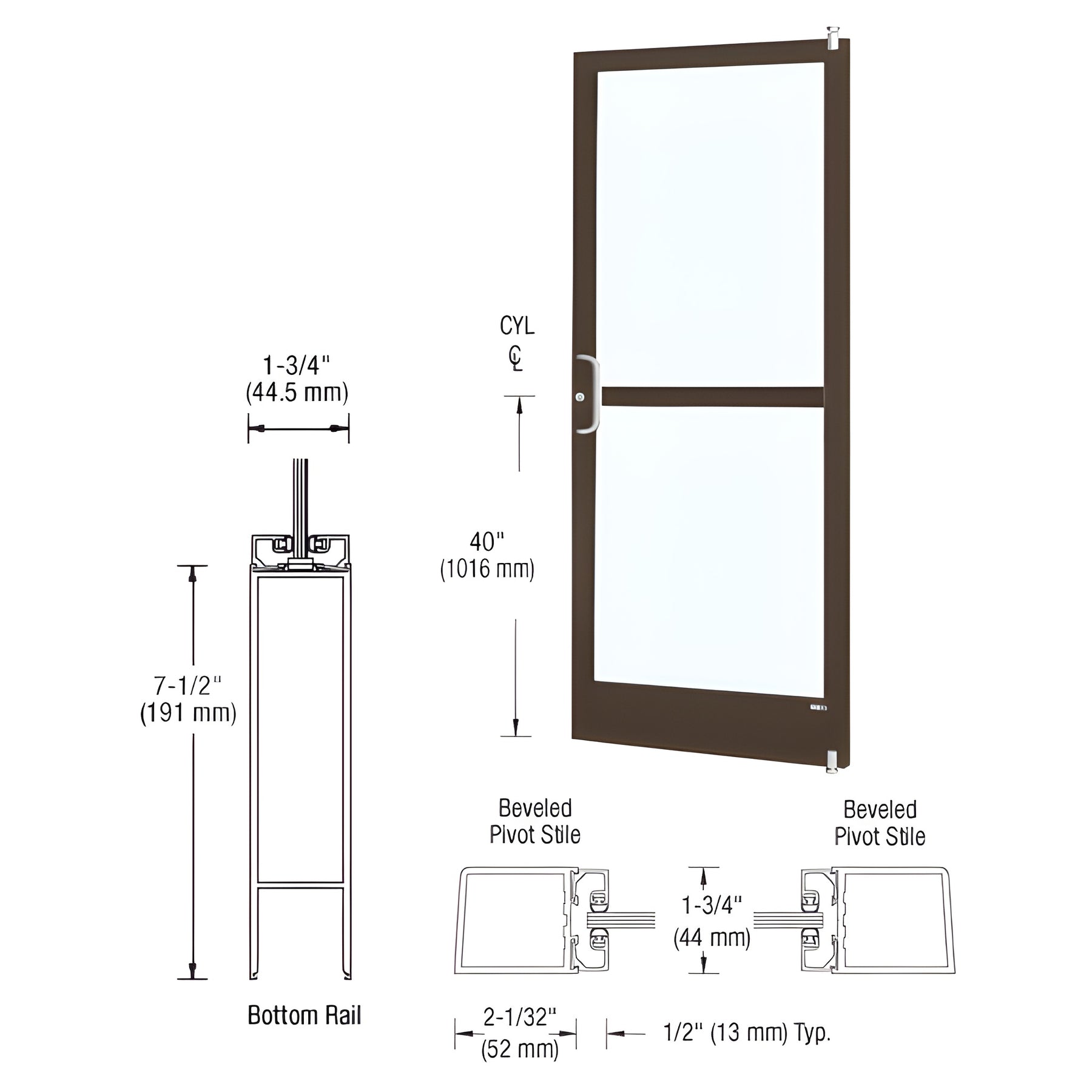 CRL-U.S. Aluminum Bronze Black Anodized Custom Single Series 250 Narrow Stile Offset Pivot Entrance Door With Panic for Surface Mount Door Closer