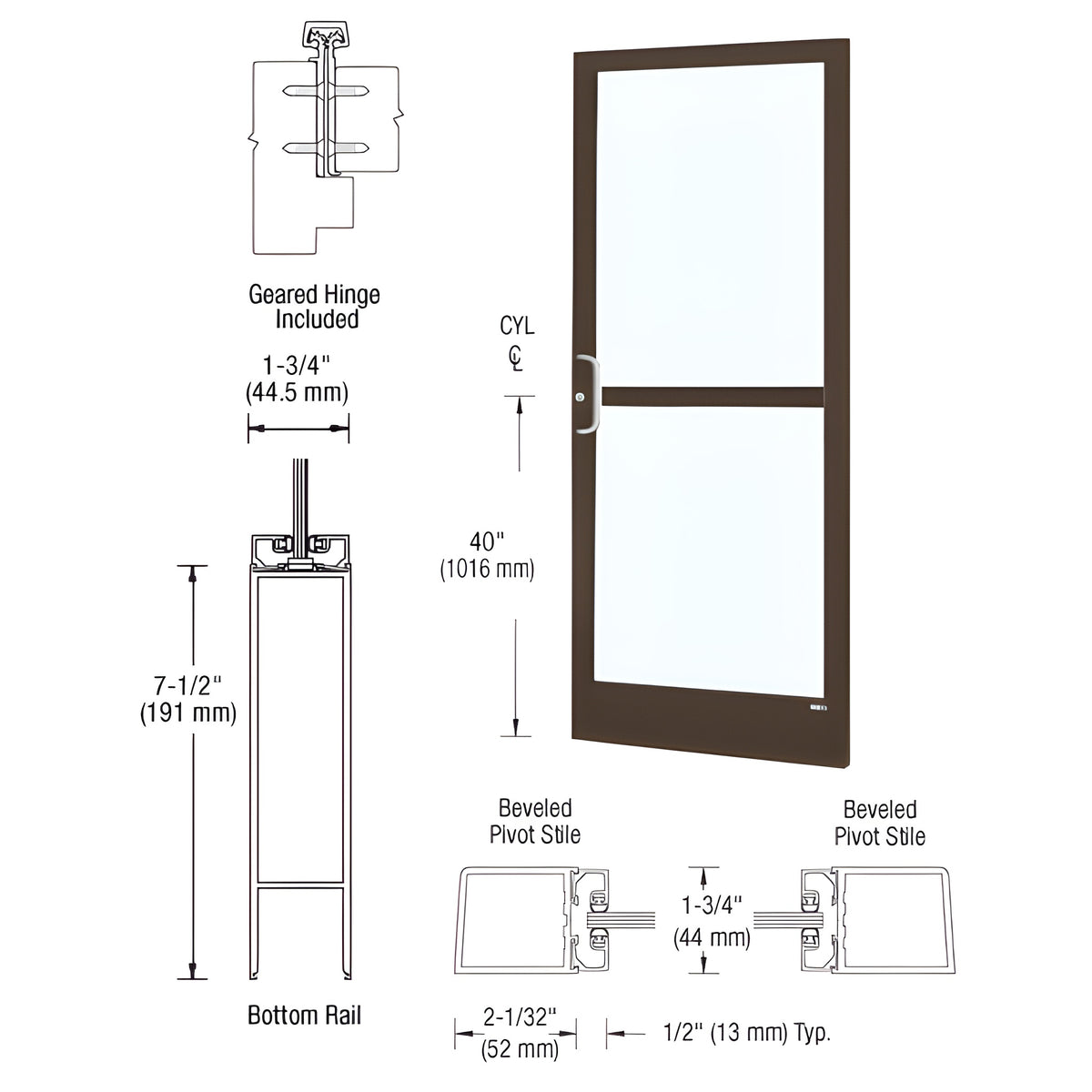 CRL-U.S. Aluminum Bronze Black Anodized Custom Single Series 250 Narrow Stile Geared Hinge Entrance Door With Panic for Surface Mount Door Closer