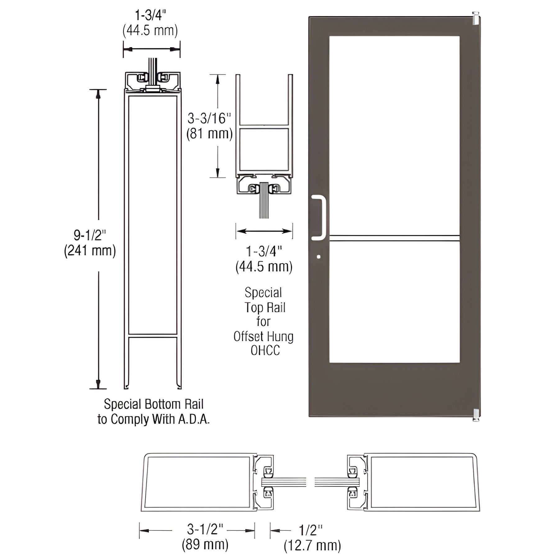 CRL-U.S. Aluminum Bronze Black Anodized Custom Single Series 400 Medium Stile Offset Pivot Entrance Door for Overhead Concealed Door Closer
