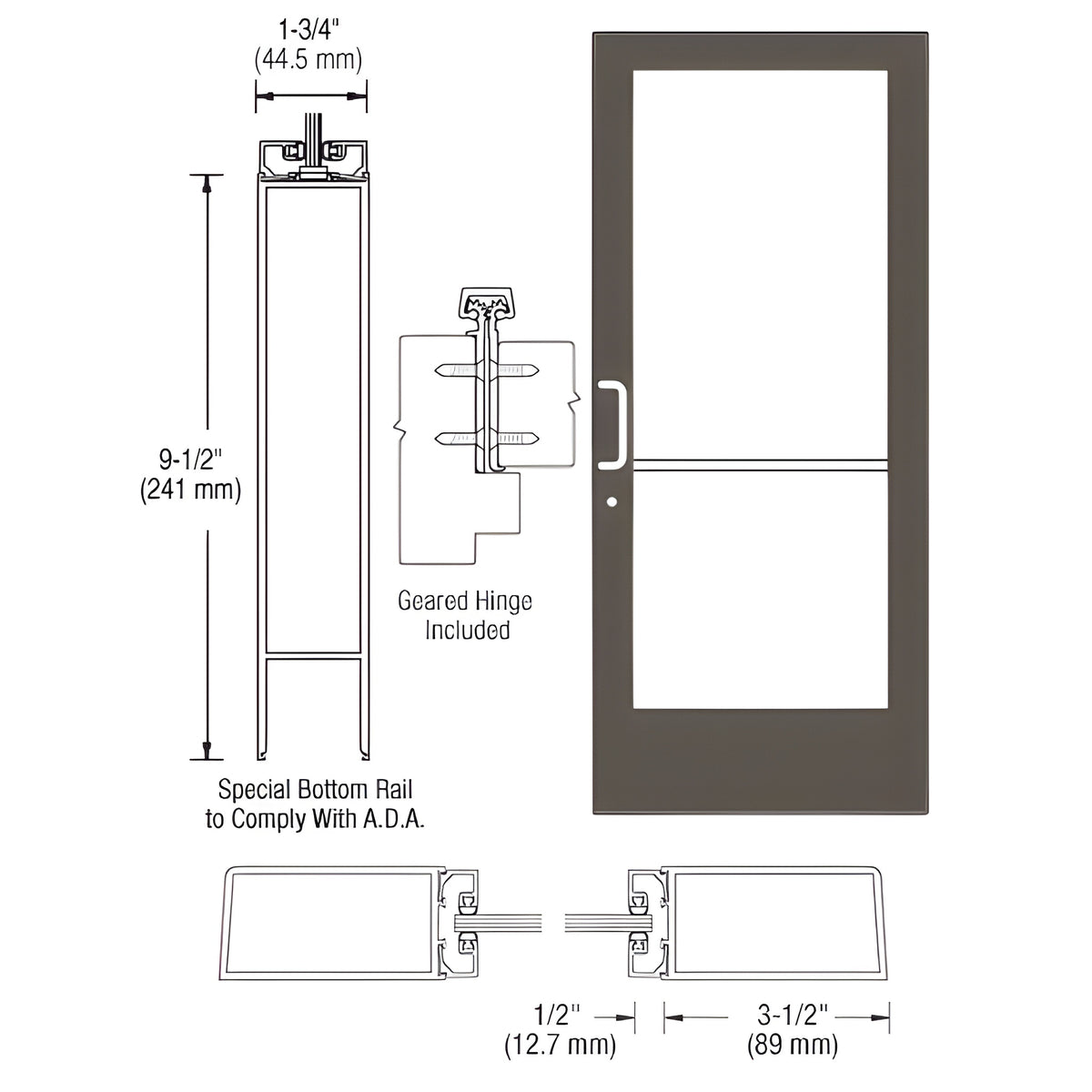 CRL-U.S. Aluminum Bronze Black Anodized Custom Single Series 400 Medium Stile Geared Hinge Entrance Door for Surface Mount Door Closer