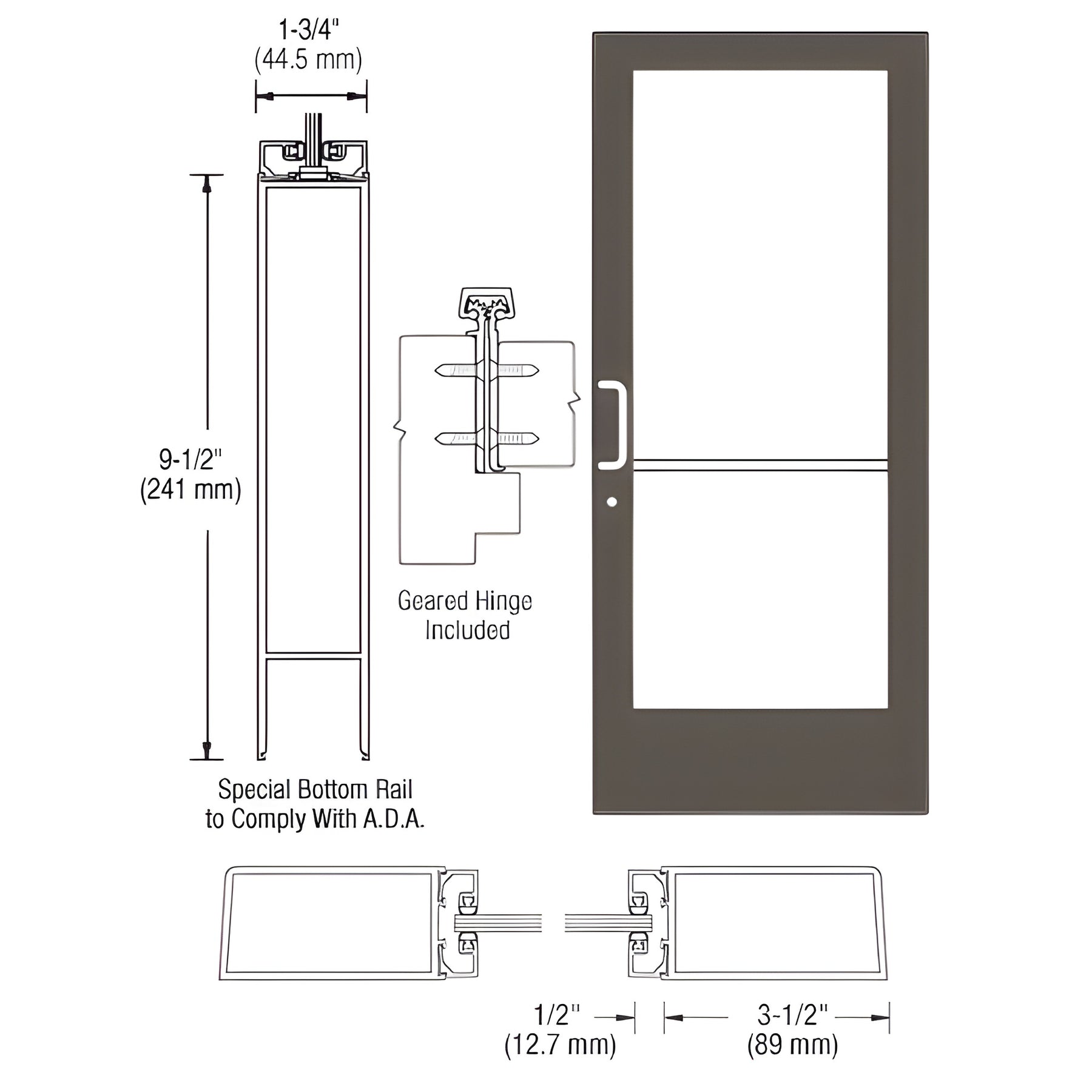 CRL-U.S. Aluminum Bronze Black Anodized Custom Single Series 400 Medium Stile Geared Hinge Entrance Door for Surface Mount Door Closer