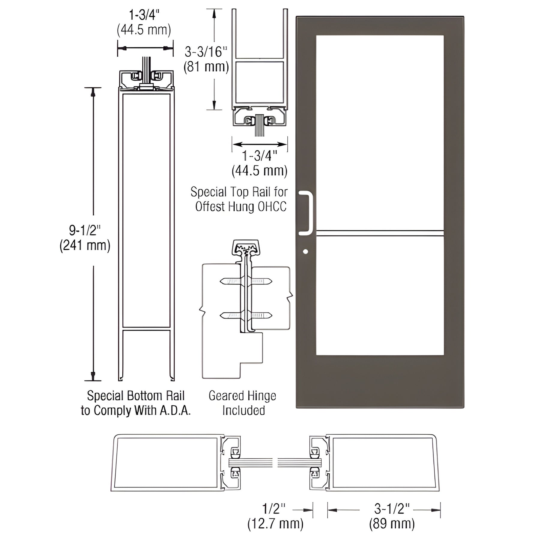 CRL-U.S. Aluminum Bronze Black Anodized Custom Single Series 400 Medium Stile Geared Hinge Entrance Door for Overhead Concealed Door Closer