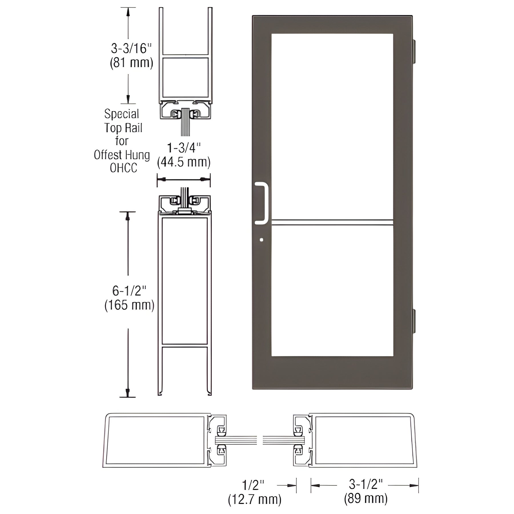 CRL-U.S. Aluminum Bronze Black Anodized Custom Single Series 400 Medium Stile Butt Hinged Entrance Door for Overhead Concealed Door Closer