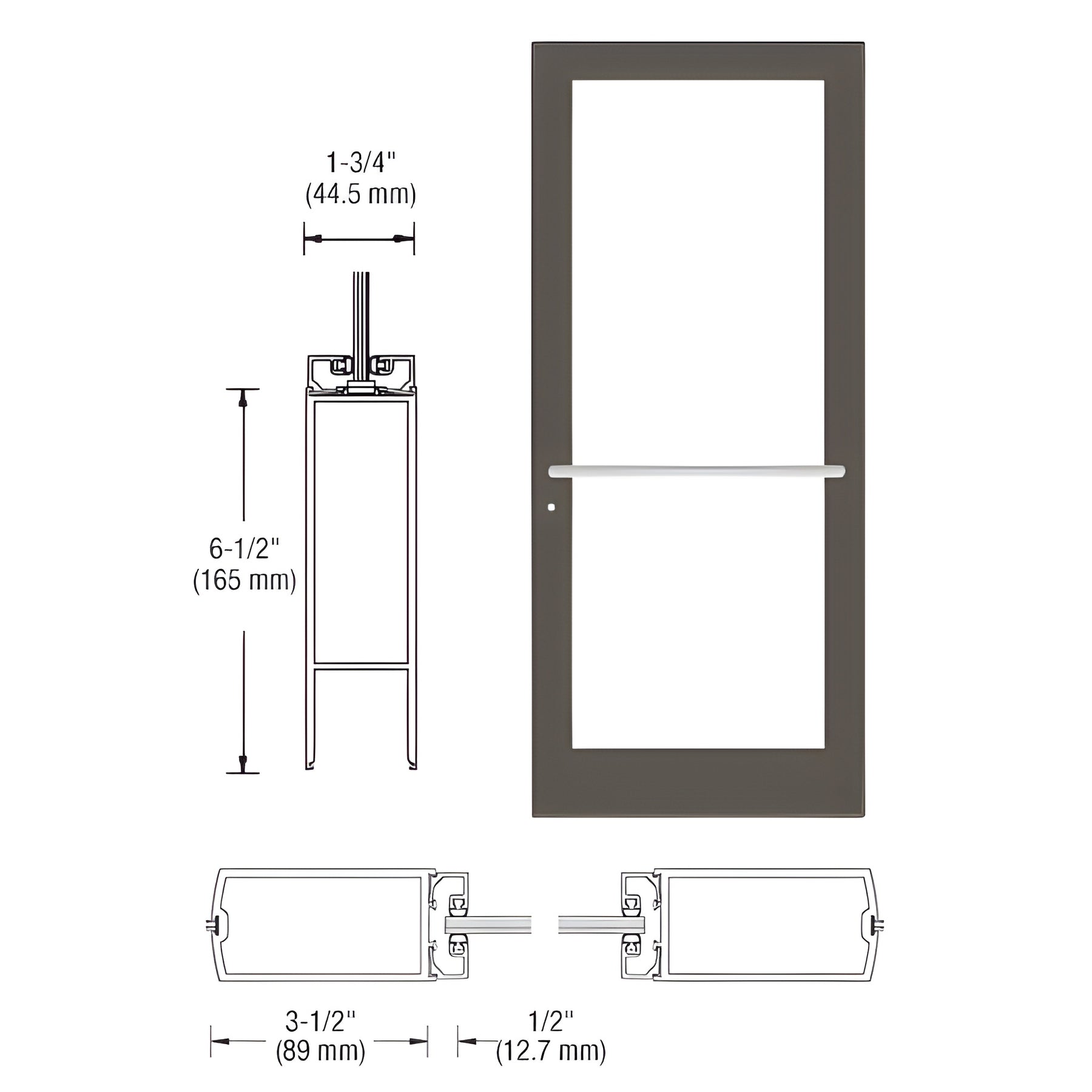 CRL-U.S. Aluminum Bronze Black Anodized Custom Single Series 400 Medium Stile Center Pivot Entrance Door for Overhead Concealed Door Closer