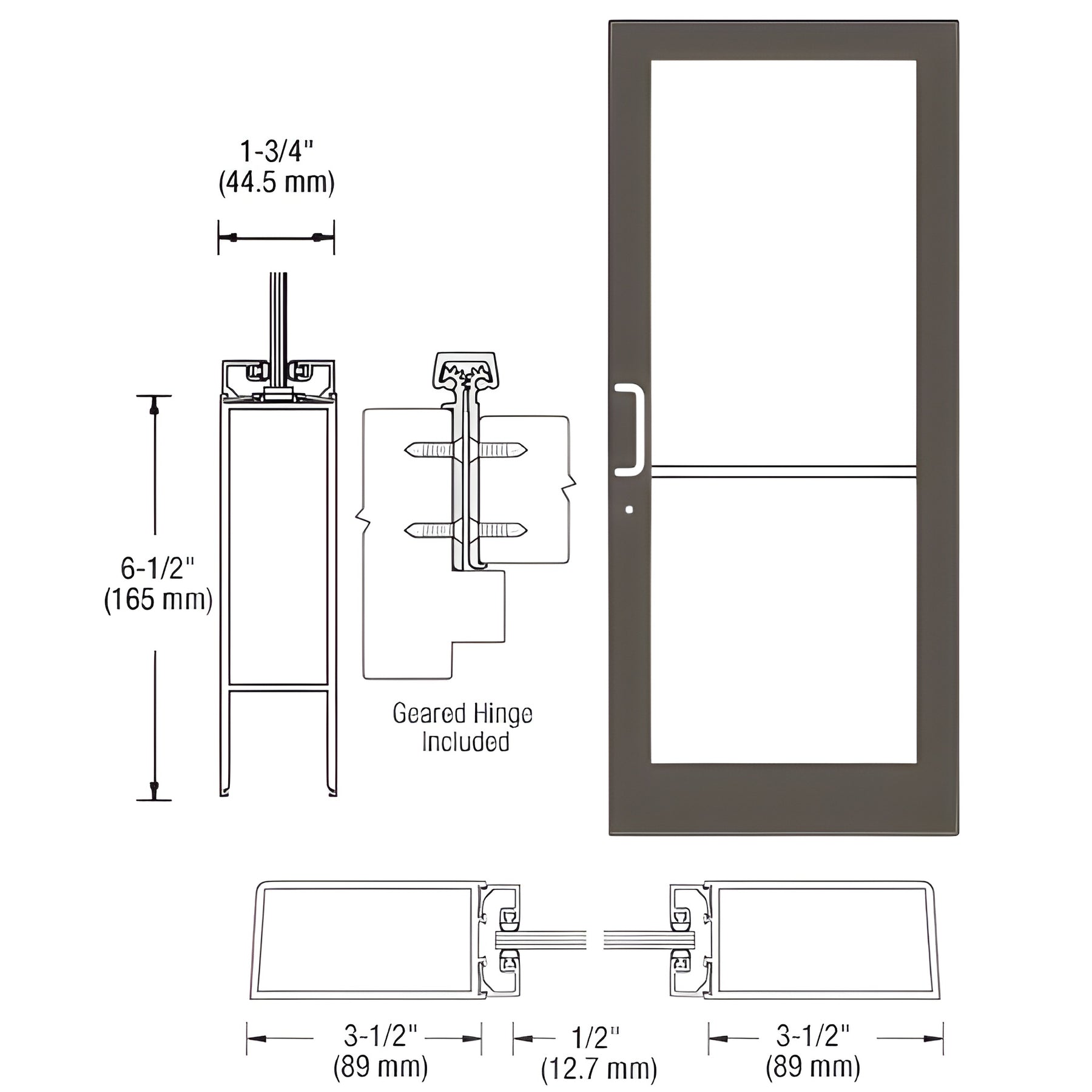 CRL-U.S. Aluminum Bronze Black Anodized Custom Single Series 400 Medium Stile Geared Hinge Entrance Door for Surface Mount Door Closer