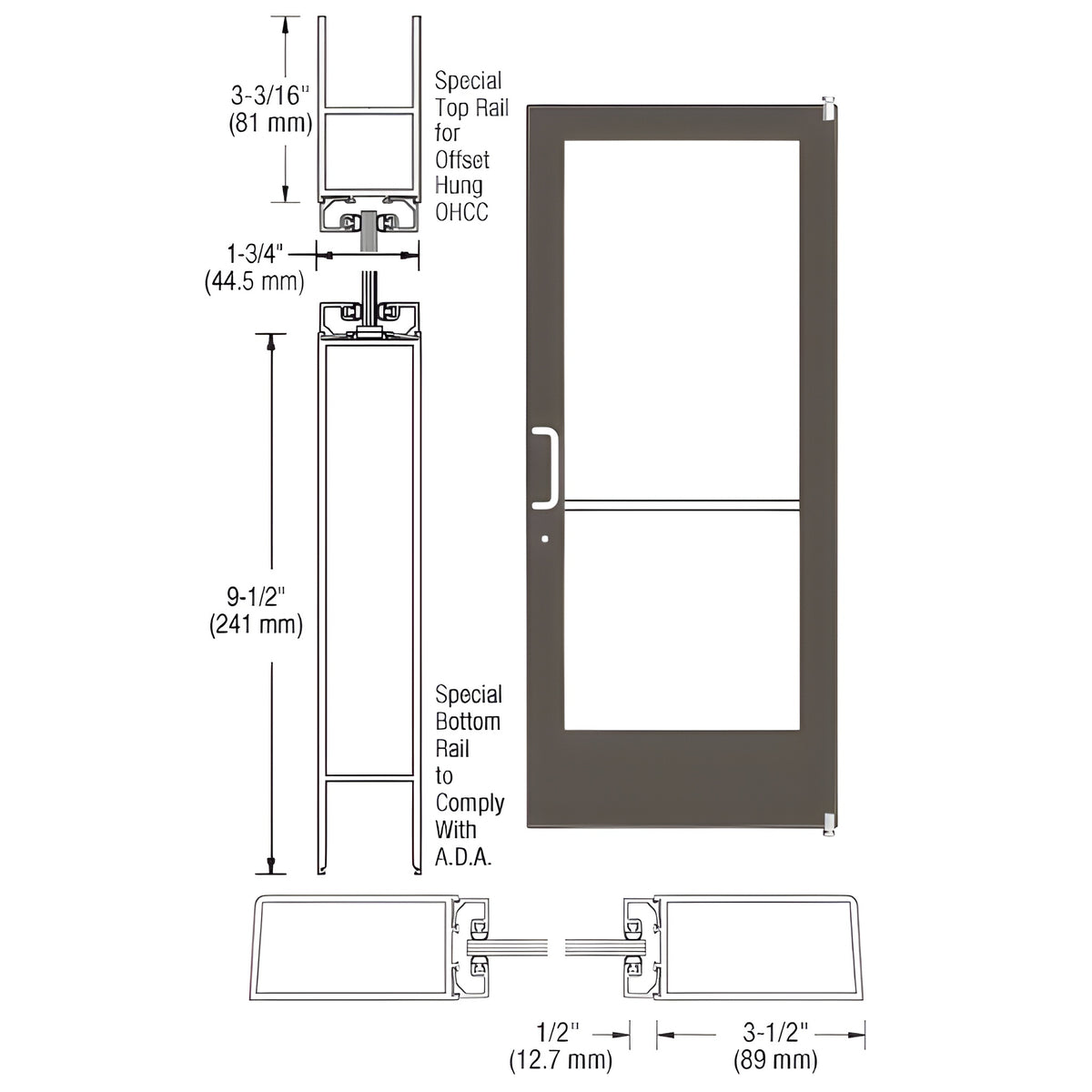 CRL-U.S. Aluminum Bronze Black Anodized Custom Single Series 400 Medium Stile Offset Pivot Entrance Door for Overhead Concealed Door Closer