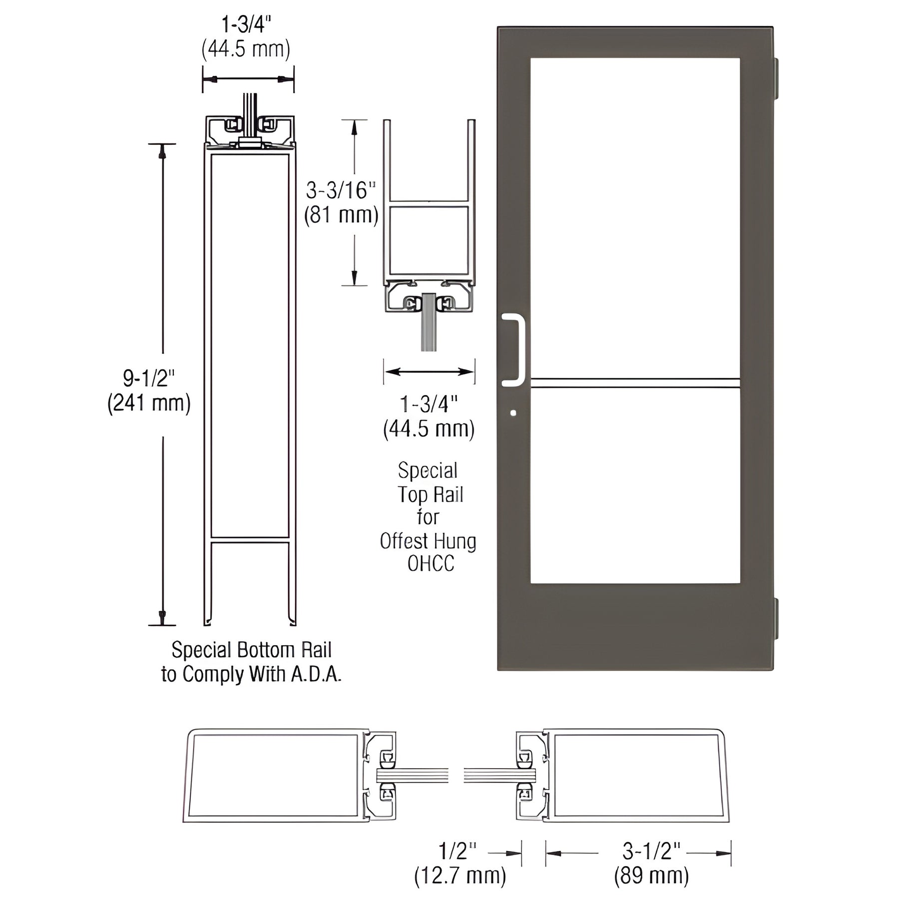 CRL-U.S. Aluminum Bronze Black Anodized Custom Single Series 400 Medium Stile Butt Hinged Entrance Door for Overhead Concealed Door Closer