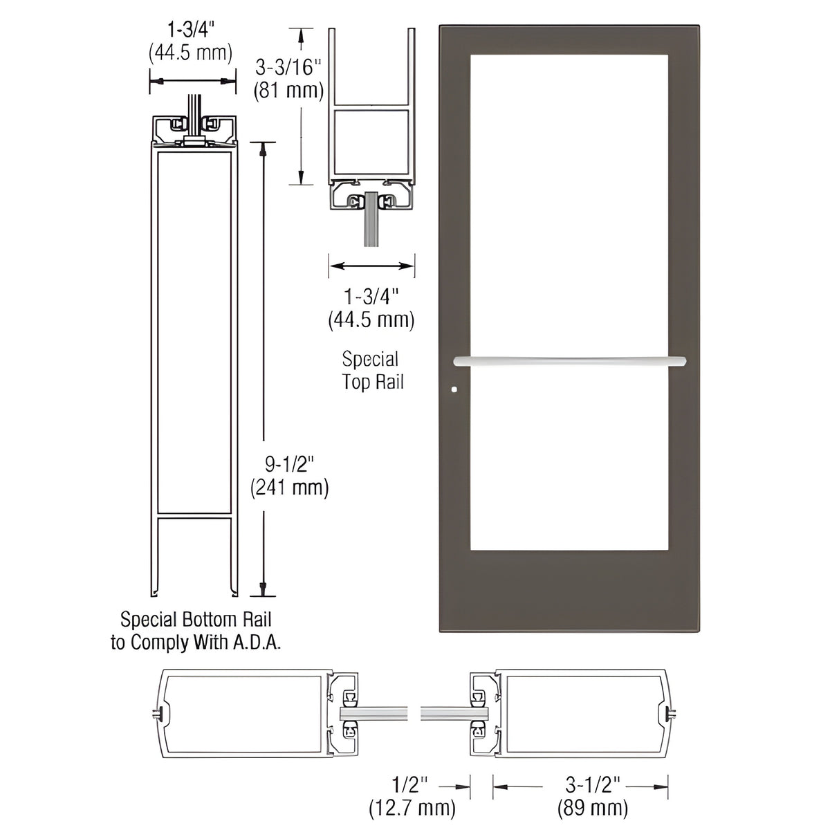 CRL-U.S. Aluminum Bronze Black Anodized Custom Single Series 400 Medium Stile Center Pivot Entrance Door for Overhead Concealed Door Closer