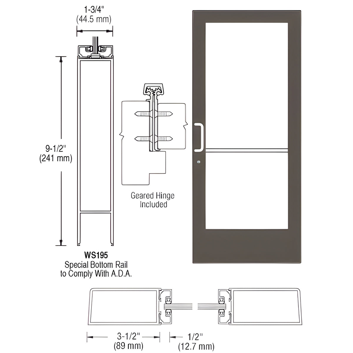 CRL-U.S. Aluminum Bronze Black Anodized Custom Single Series 400 Medium Stile Offset Hung Geared Hinge Entrance Door for Surface Mount Closer