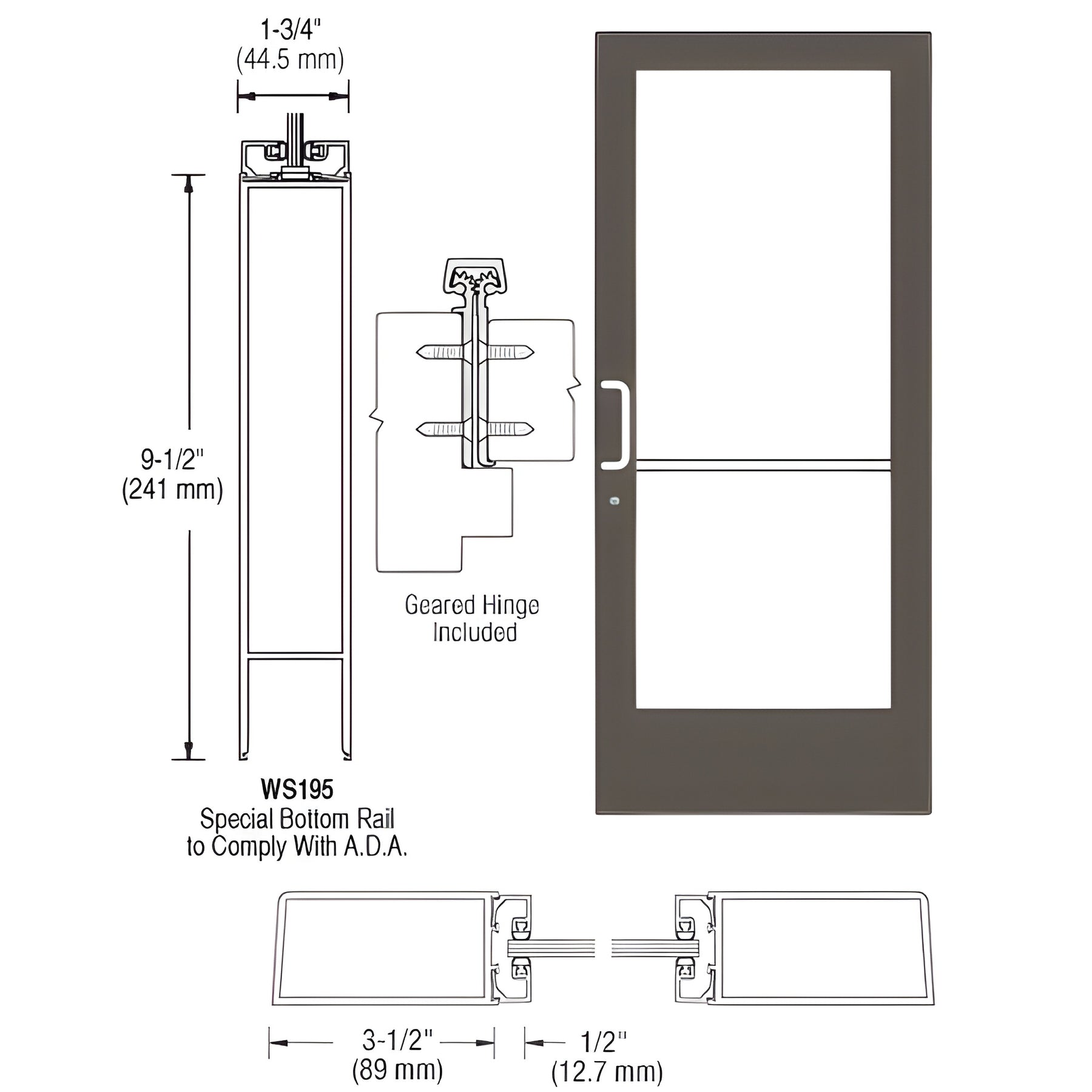 CRL-U.S. Aluminum Bronze Black Anodized Custom Single Series 400 Medium Stile Offset Hung Geared Hinge Entrance Door for Surface Mount Closer
