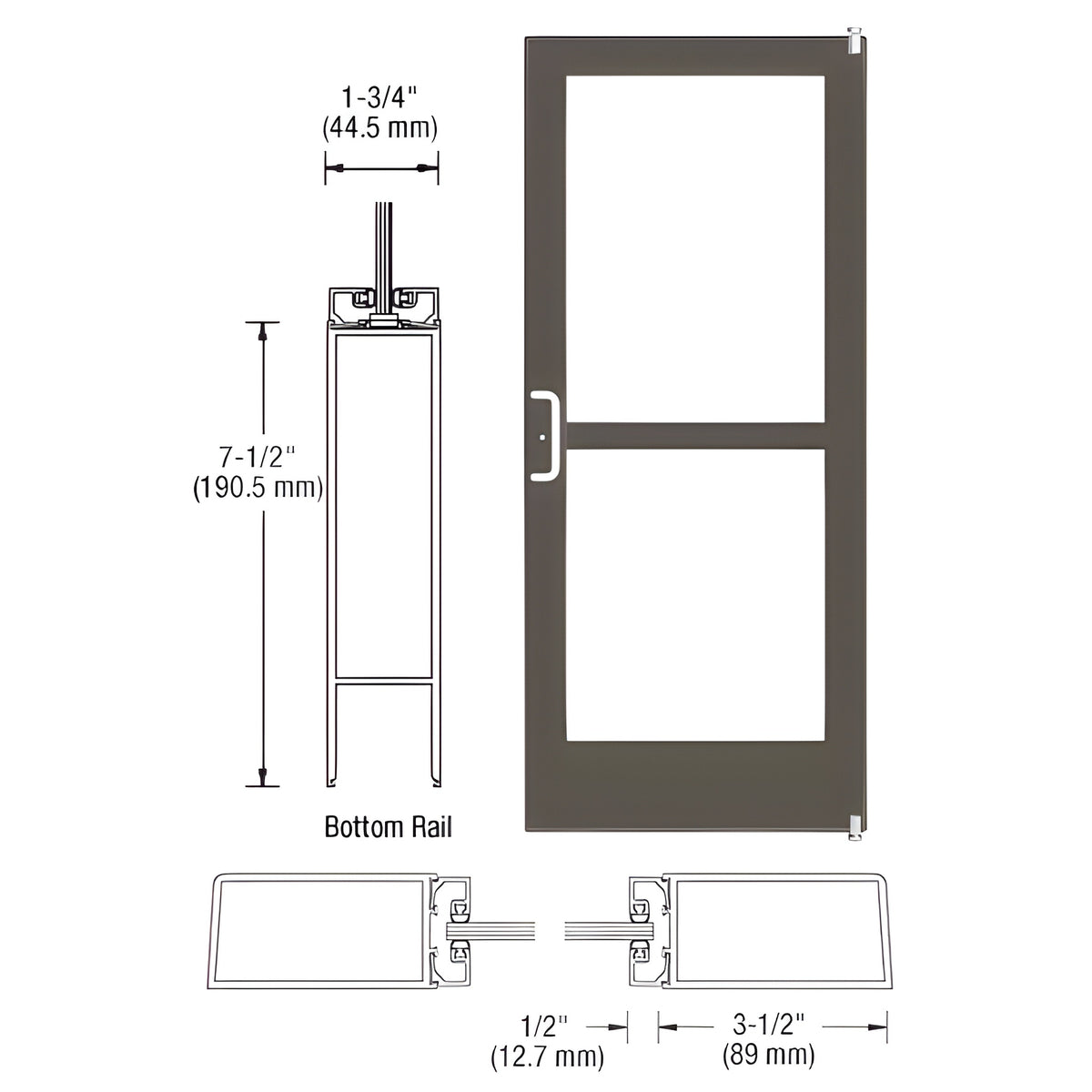 CRL-U.S. Aluminum Bronze Black Anodized Custom Single Series 400 Medium Stile Offset Pivot Entrance Door With Panic for Surface Mount Door Closer