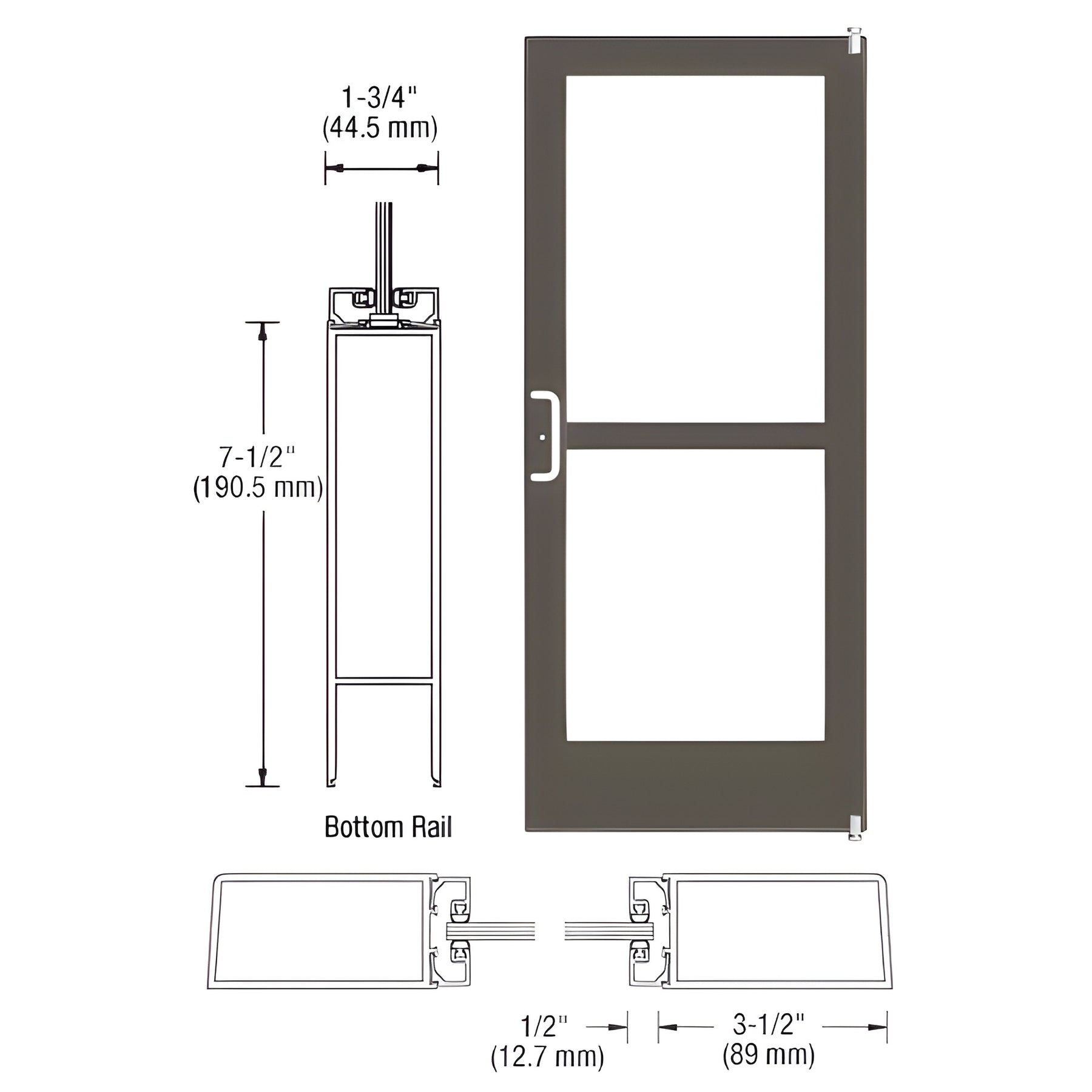 CRL-U.S. Aluminum Bronze Black Anodized Custom Single Series 400 Medium Stile Offset Pivot Entrance Door With Panic for Surface Mount Door Closer