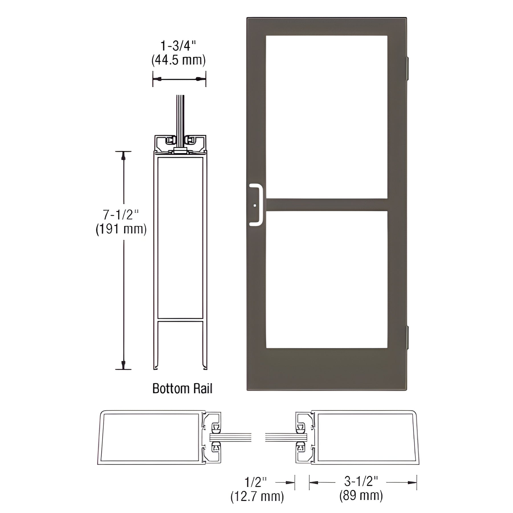 CRL-U.S. Aluminum Bronze Black Anodized Custom Single Series 400 Medium Stile Butt Hinged Entrance Door With Panic for Surface Mount Door Closer