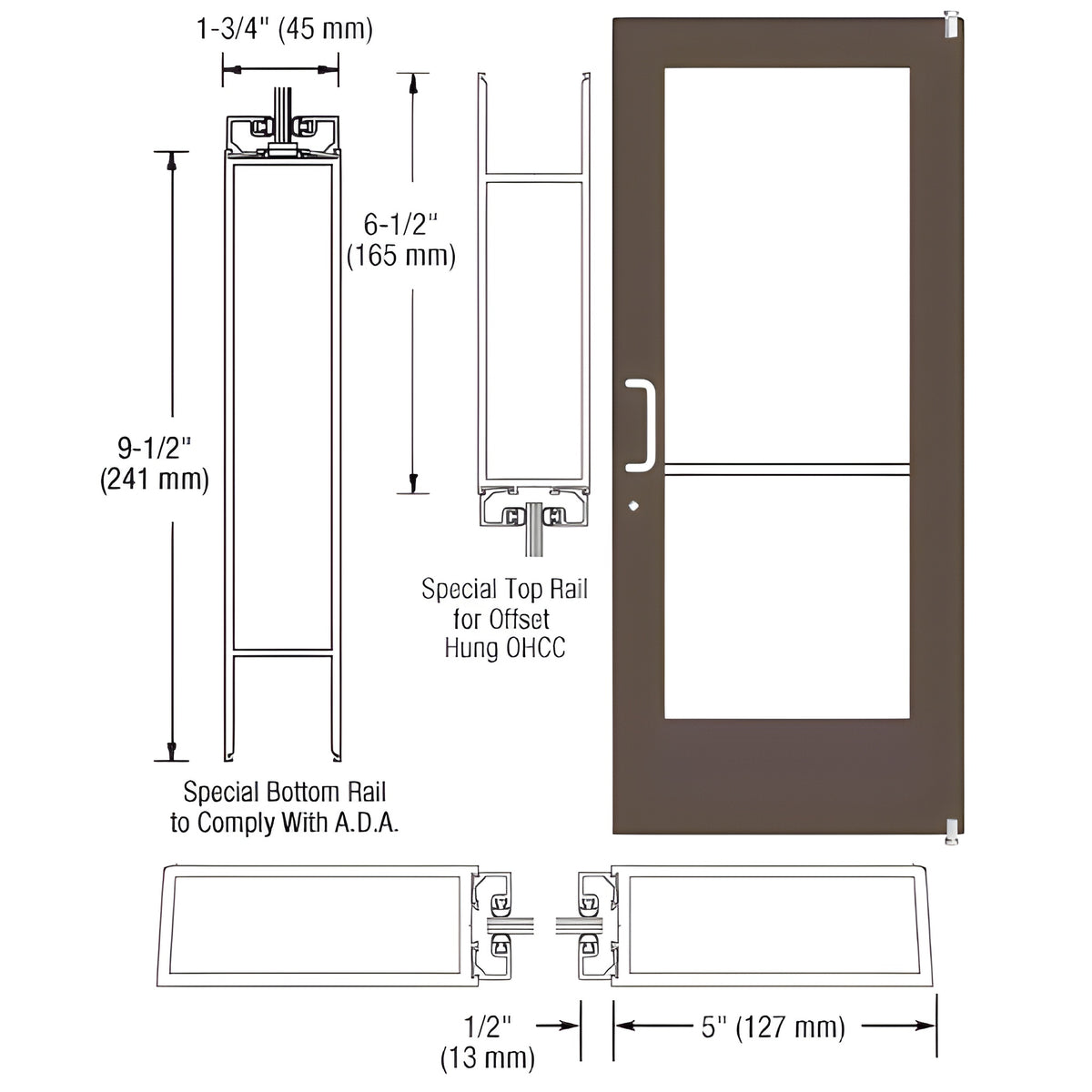 CRL-U.S. Aluminum Bronze Black Anodized Custom Single Series 550 Wide Stile Offset Pivot Entrance Door for Overhead Concealed Door Closer