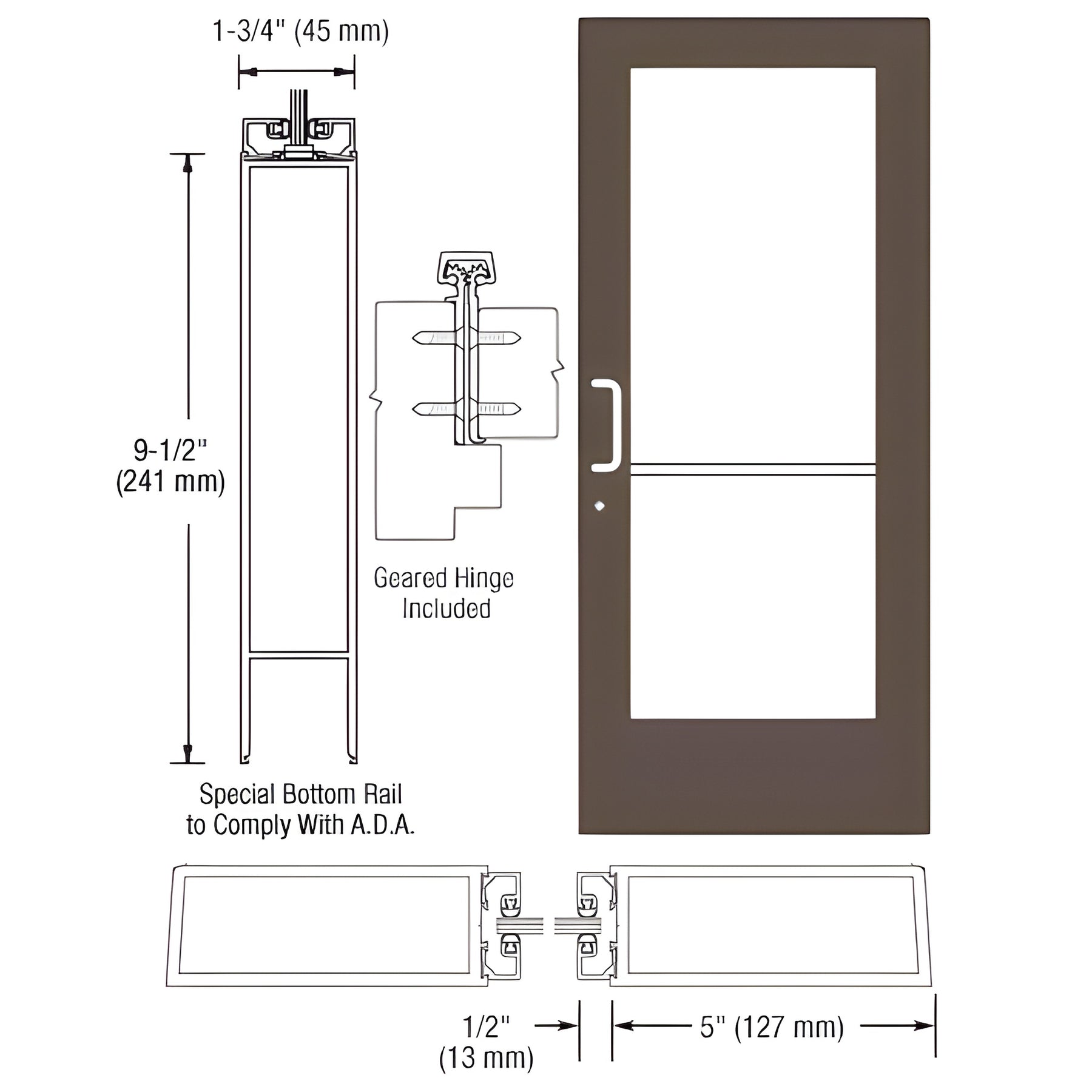 CRL-U.S. Aluminum Bronze Black Anodized Custom Single Series 550 Wide Stile Geared Hinge Entrance Door for Surface Mount Door Closer