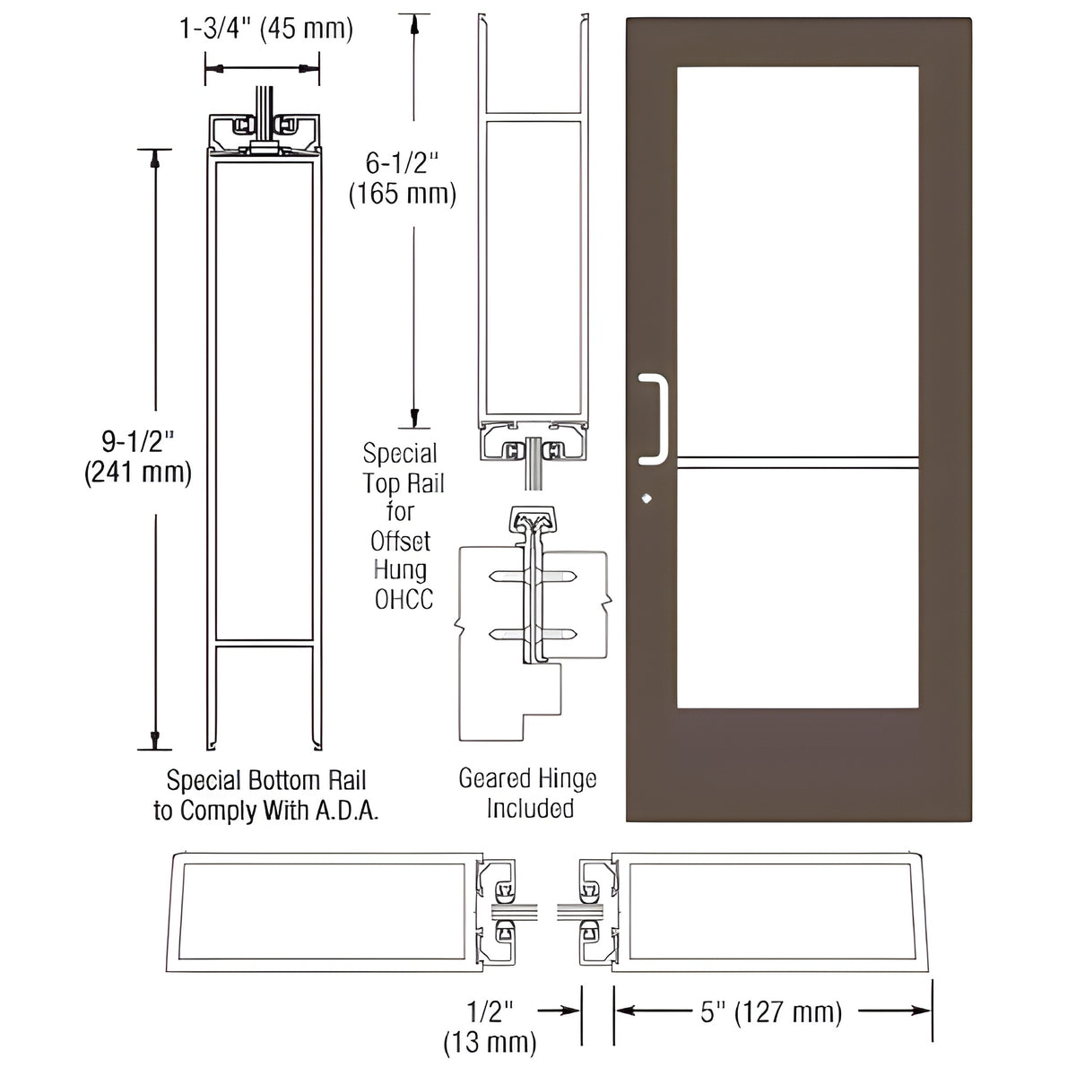 CRL-U.S. Aluminum Bronze Black Anodized Custom Single Series 550 Wide Stile Geared Hinge Entrance Door for Overhead Concealed Door Closer