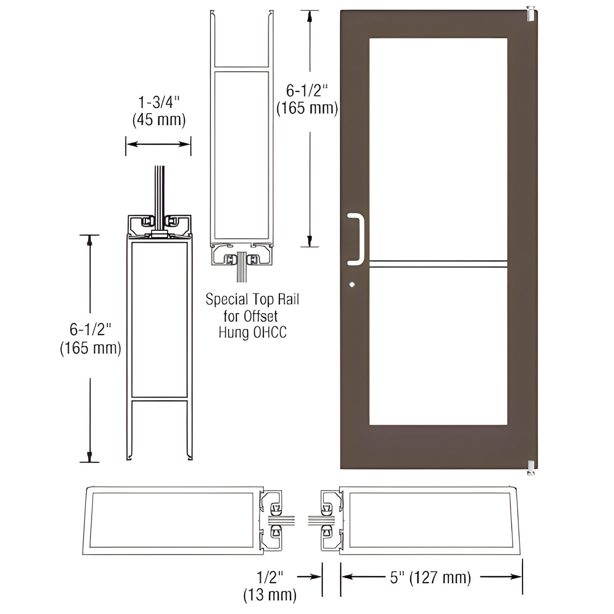 CRL-U.S. Aluminum Bronze Black Anodized Custom Single Series 550 Wide Stile Offset Pivot Entrance Door for Overhead Concealed Door Closer
