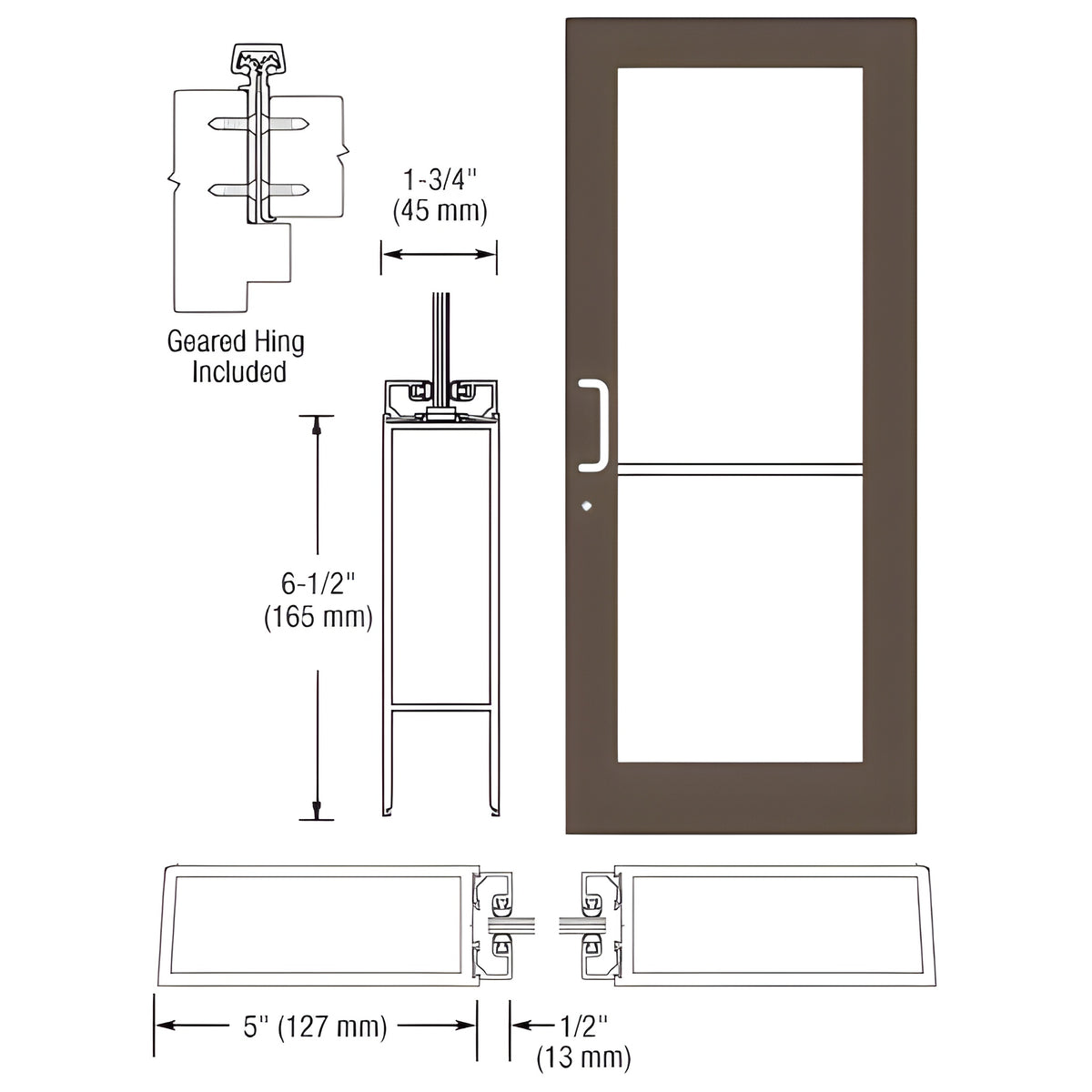 CRL-U.S. Aluminum Bronze Black Anodized Custom Single Series 550 Wide Stile Geared Hinge Entrance Door for Surface Mount Door Closer