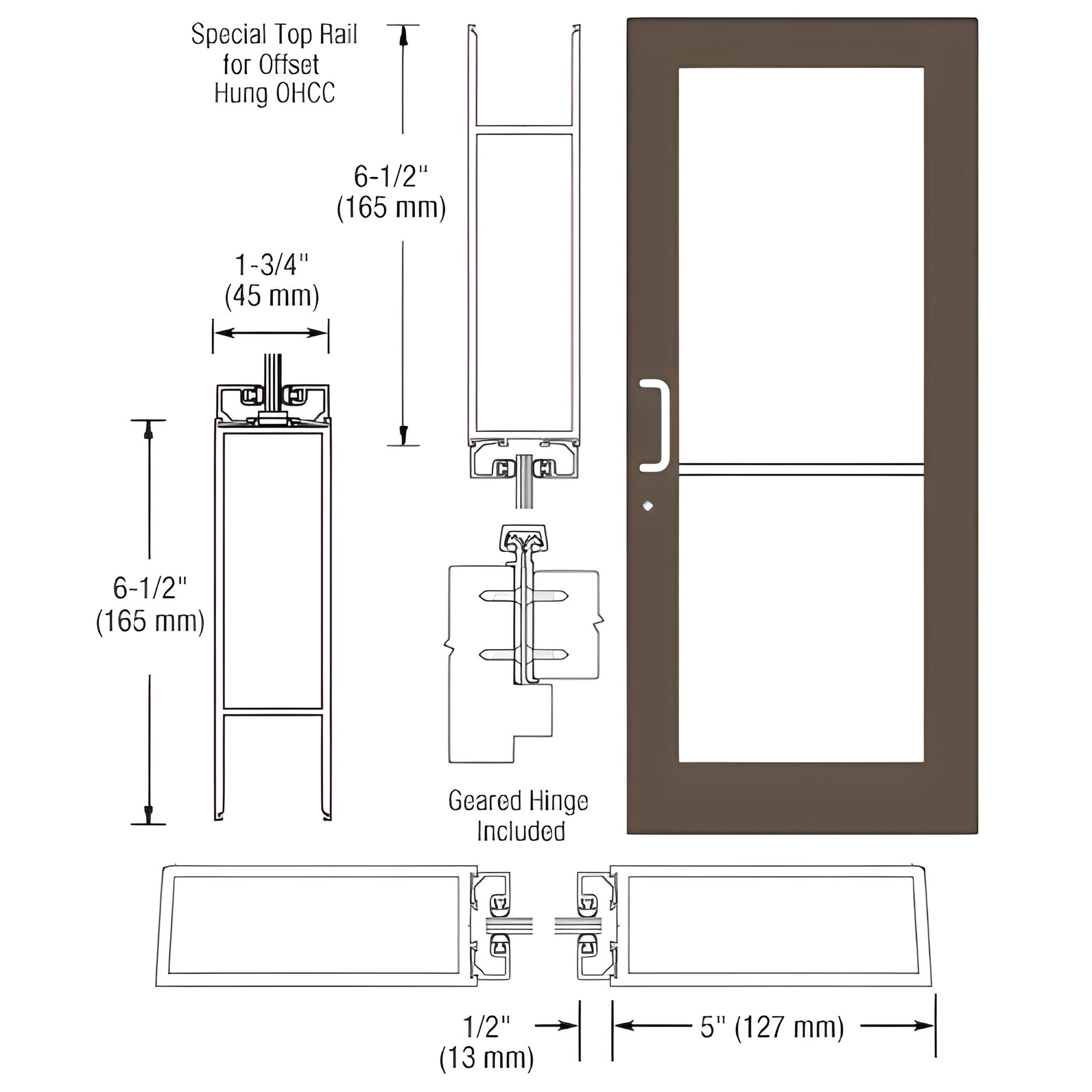 CRL-U.S. Aluminum Bronze Black Anodized Custom Single Series 550 Wide Stile Geared Hinge Entrance Door for Overhead Concealed Door Closer