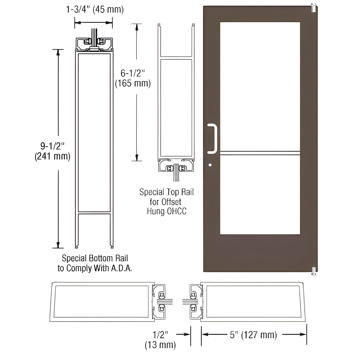 CRL-U.S. Aluminum Bronze Black Anodized Custom Single Series 550 Wide Stile Offset Pivot Entrance Door for Overhead Concealed Door Closer