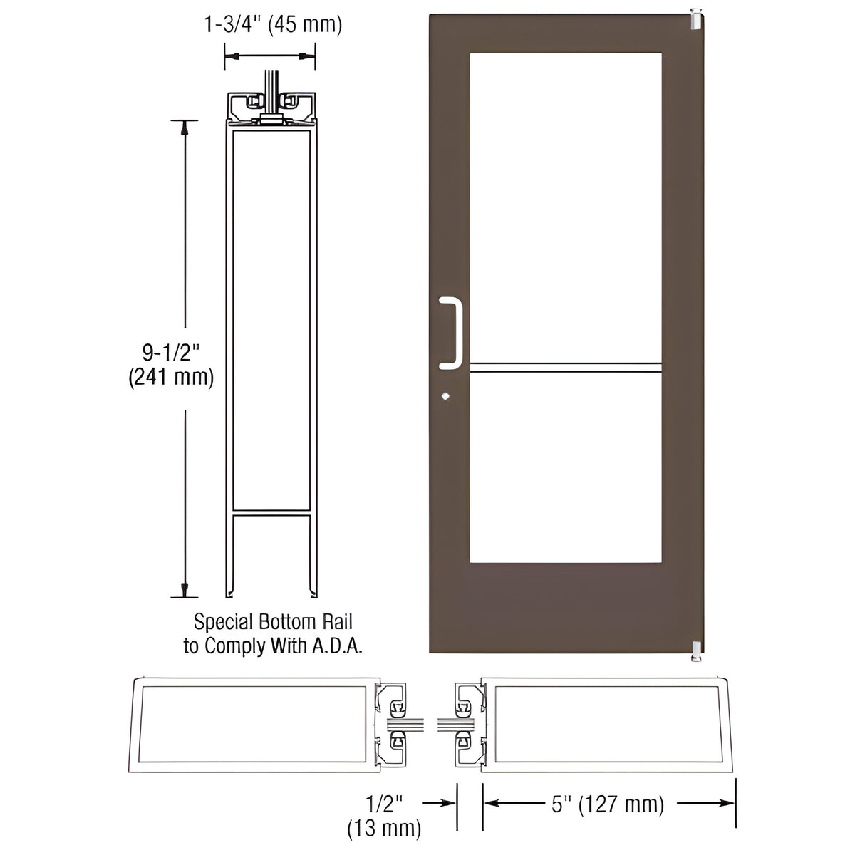 CRL-U.S. Aluminum Bronze Black Anodized Custom Single Series 550 Wide Stile Offset Pivot Entrance Door for Surface Mount Door Closer
