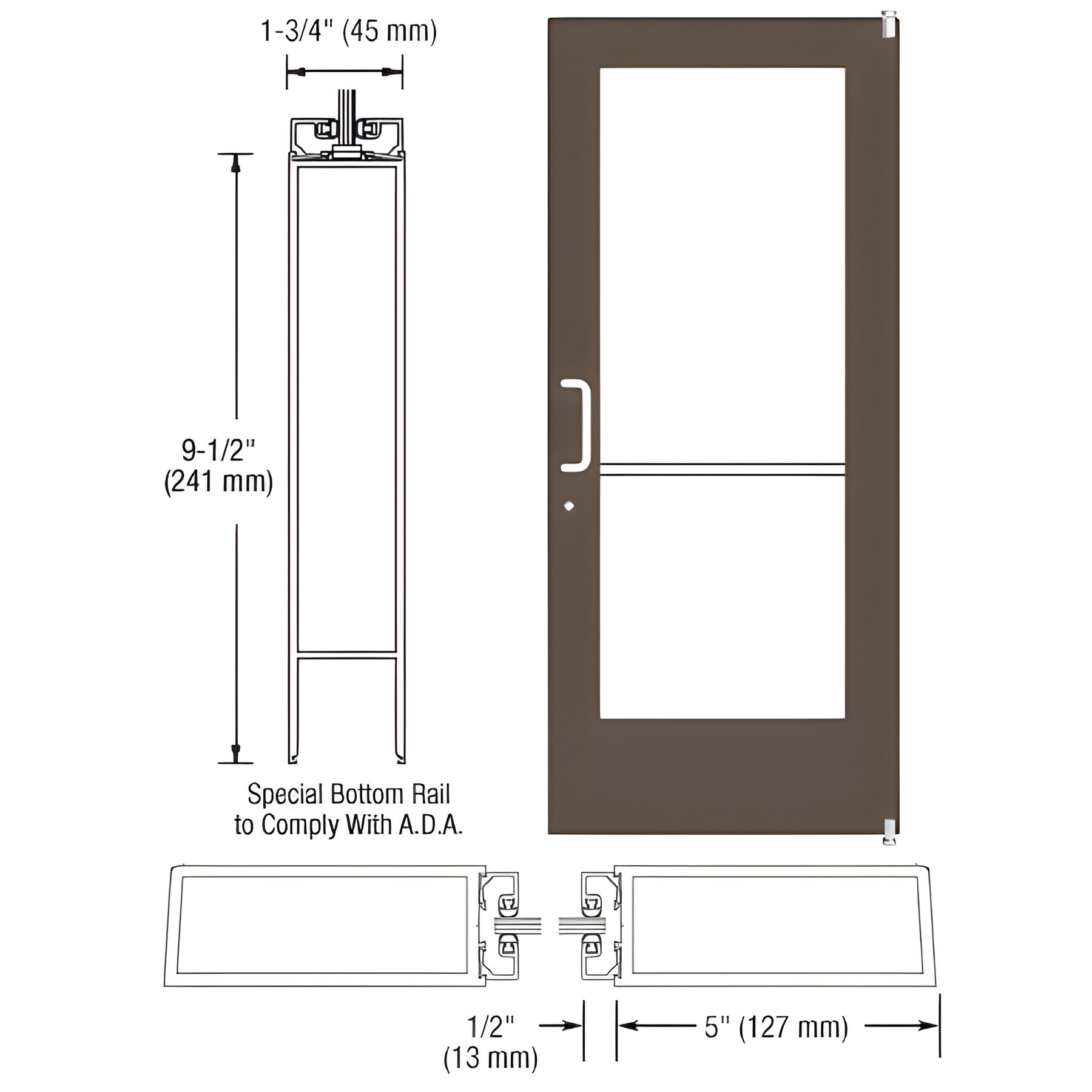 CRL-U.S. Aluminum Bronze Black Anodized Custom Single Series 550 Wide Stile Offset Pivot Entrance Door for Surface Mount Door Closer