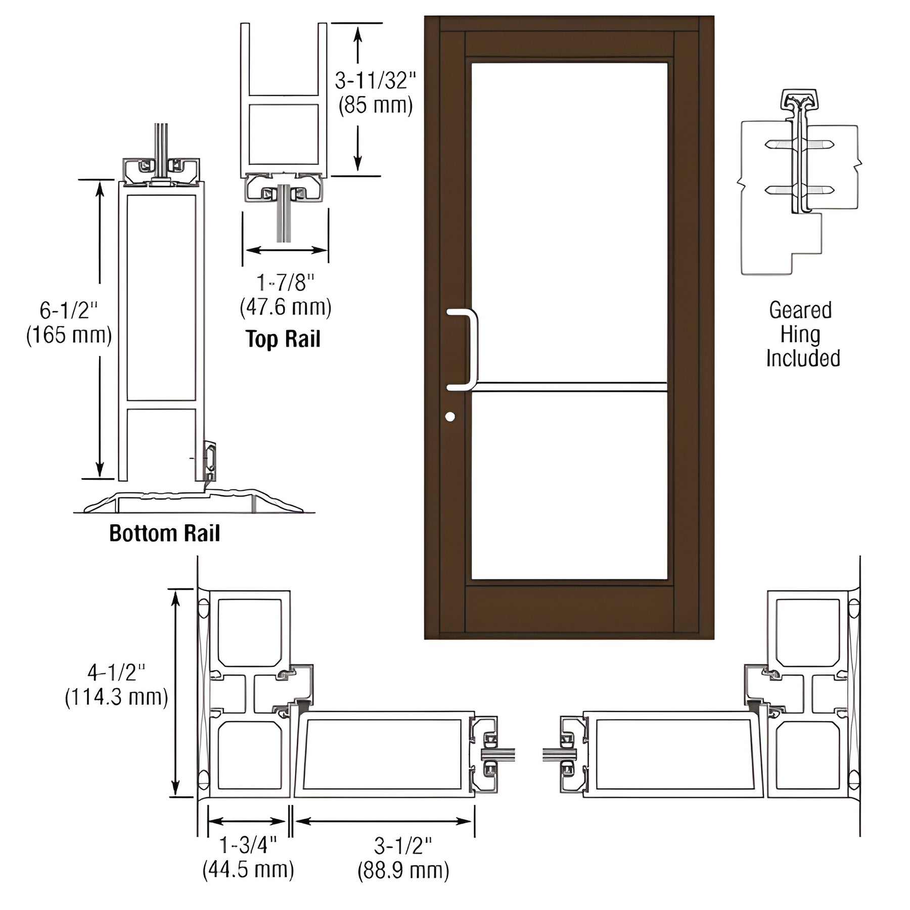 CRL-U.S. Aluminum Bronze Black Anodized Custom Single Series 800 Durafront Medium Stile Geared Hinge Entrance Door for Surface Mount Door Closer