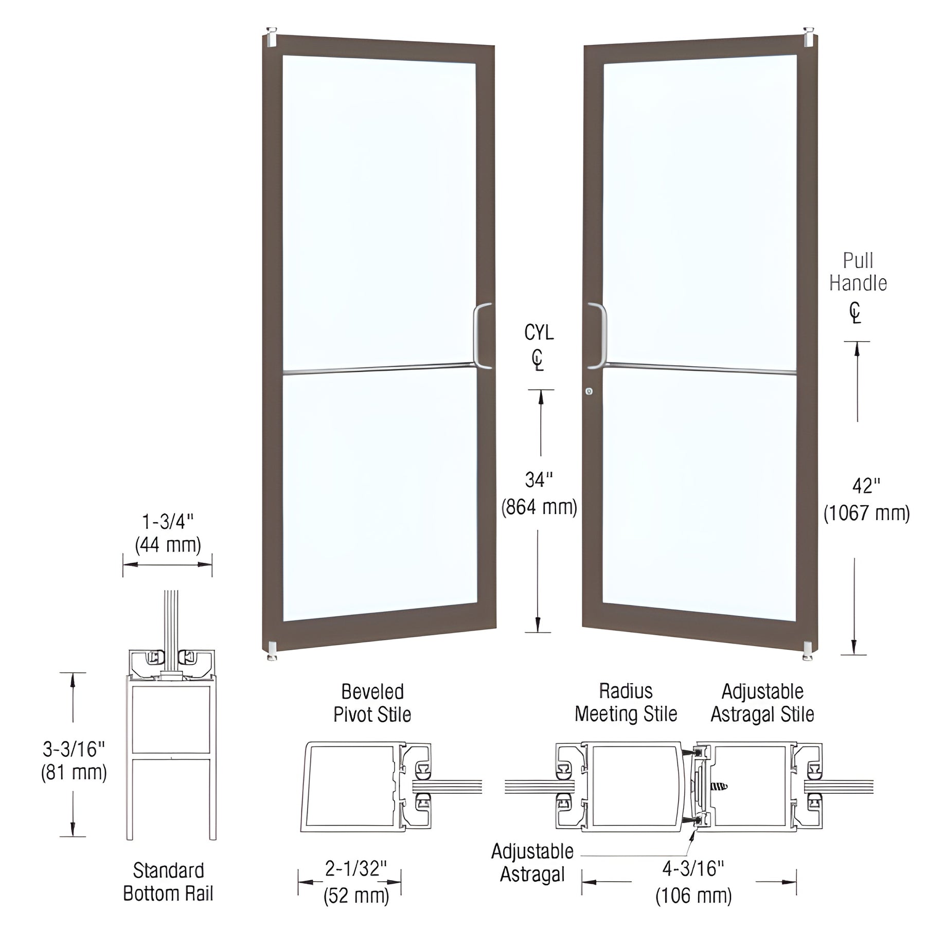 CRL-U.S. Aluminum Bronze Black Anodized Custom Size Pair Series 250 Narrow Stile Offset Pivot Showroom Doors For Surface Mount Door Closers