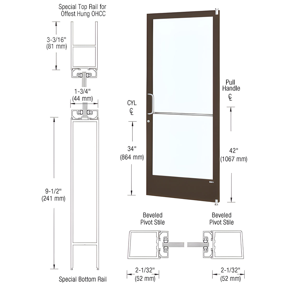 CRL-U.S. Aluminum Bronze Black Anodized Custom Size Single Series 250 Narrow Stile Offset Pivot Entrance Door for Overhead Concealed Door Closer