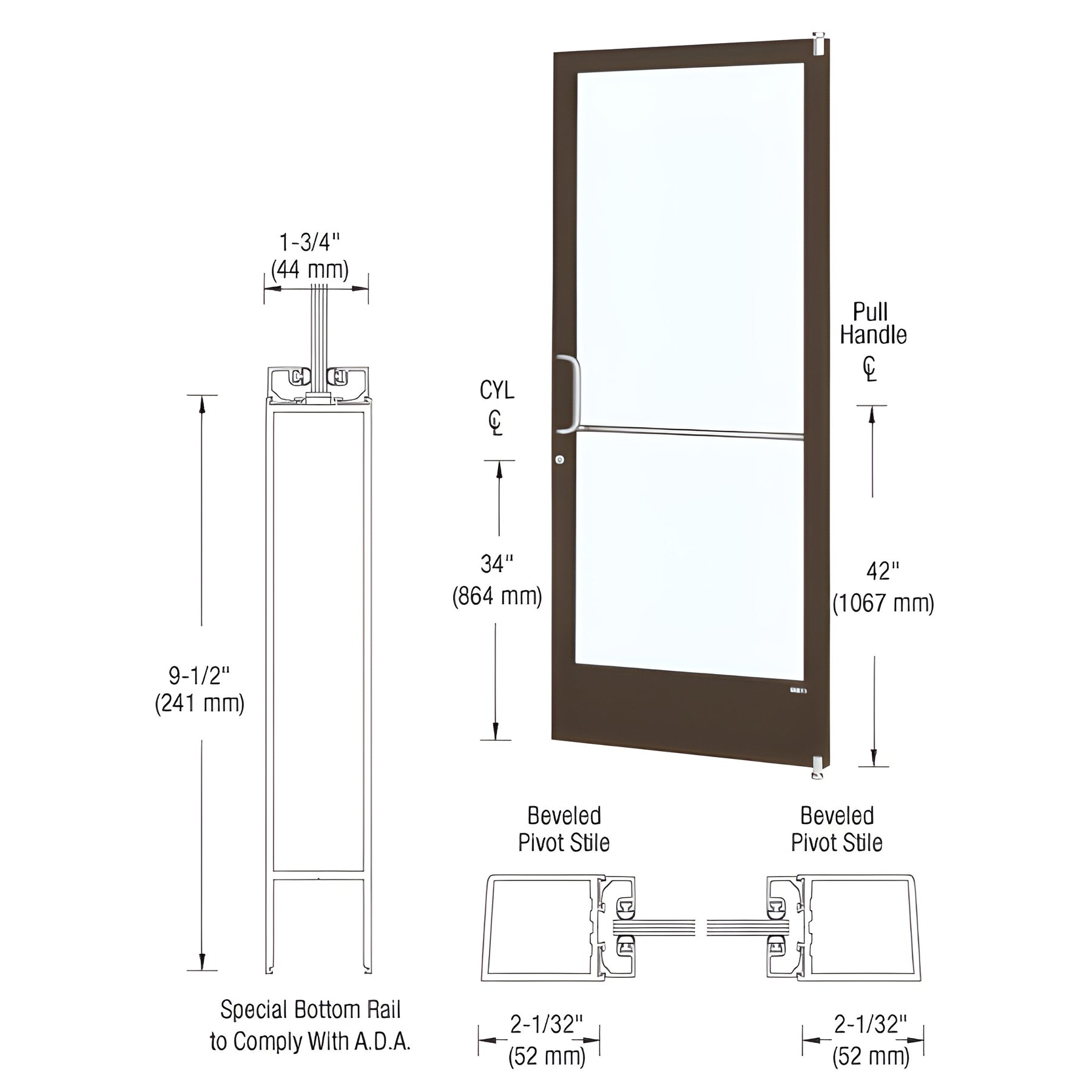 CRL-U.S. Aluminum Bronze Black Anodized Custom Size Single Series 250 Narrow Stile Offset Pivot Entrance Door for Surface Mount Door Closer