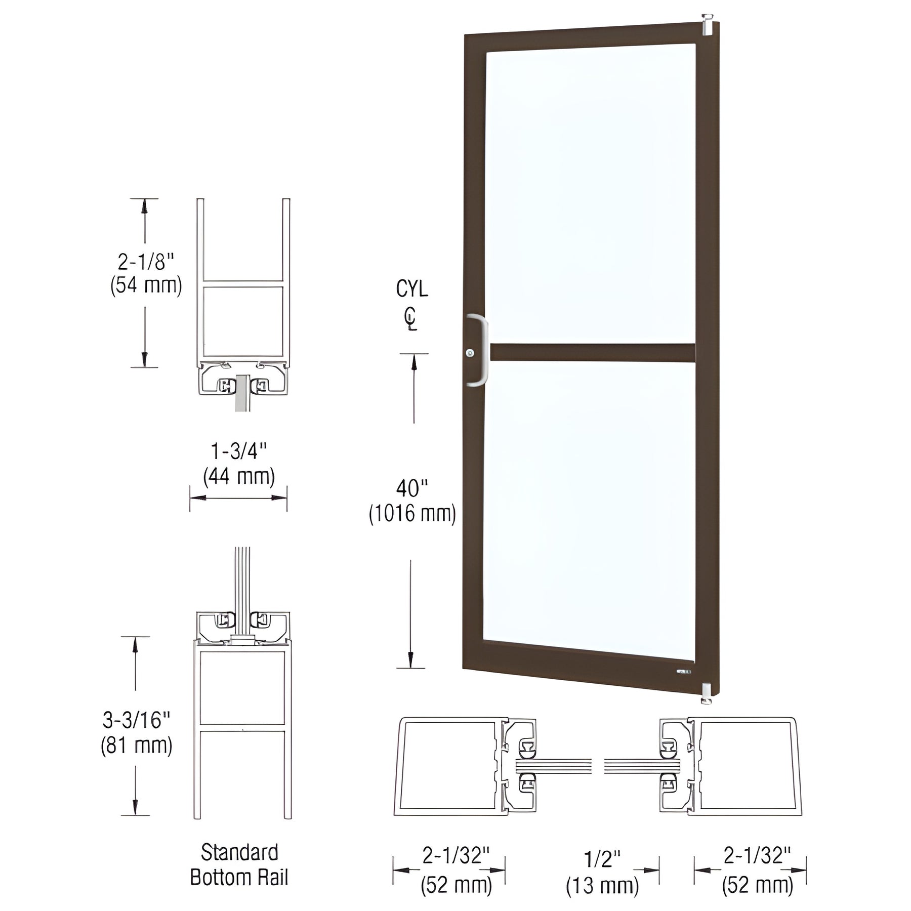 CRL-U.S. Aluminum Bronze Black Anodized Custom Size Single Series 250 Narrow Stile Offset Pivot Entrance Door With Rim Device, ADA Bottom Rail for Surface Mount Door Closer