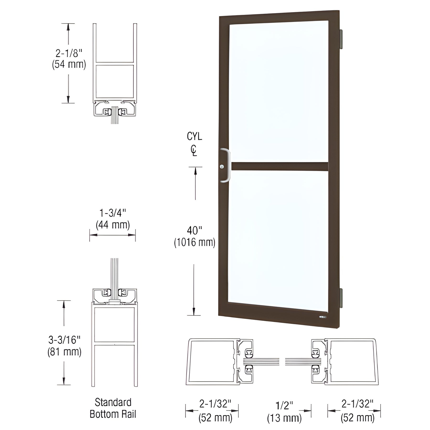 CRL-U.S. Aluminum Bronze Black Anodized Custom Size Single Series 250 Narrow Stile Butt Hinge Entrance Door With Panic for Surface Mount Door Closer