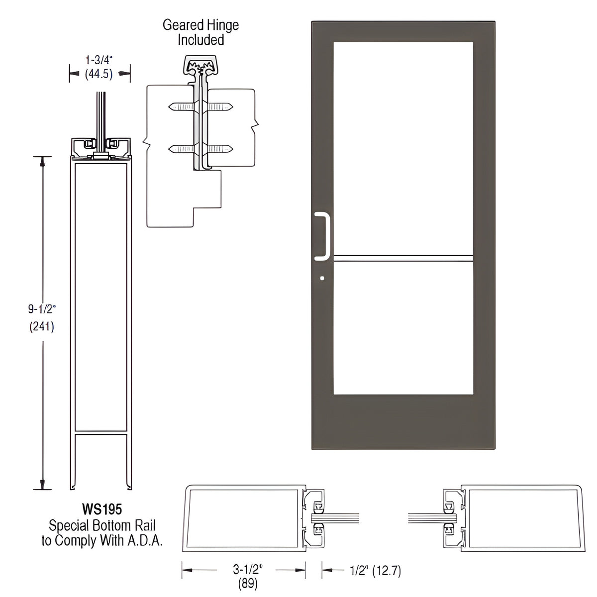 CRL-U.S. Aluminum Bronze Black Anodized Single 36" x 84" 400 Medium Left Side Latch Side Left With Geared Hinge Entrance Door Prepped for Concealed Overhead 105º Closer - A.D.A. Access Bottom Rail