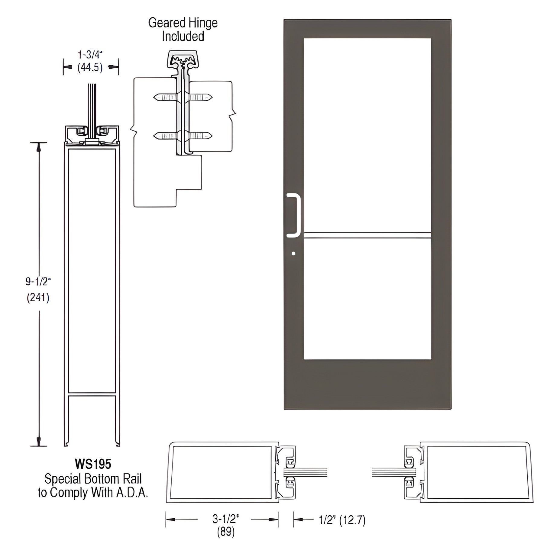 CRL-U.S. Aluminum Bronze Black Anodized Single 36" x 84" 400 Medium Left Side Latch Side Left With Geared Hinge Entrance Door Prepped for Concealed Overhead 105º Closer - A.D.A. Access Bottom Rail