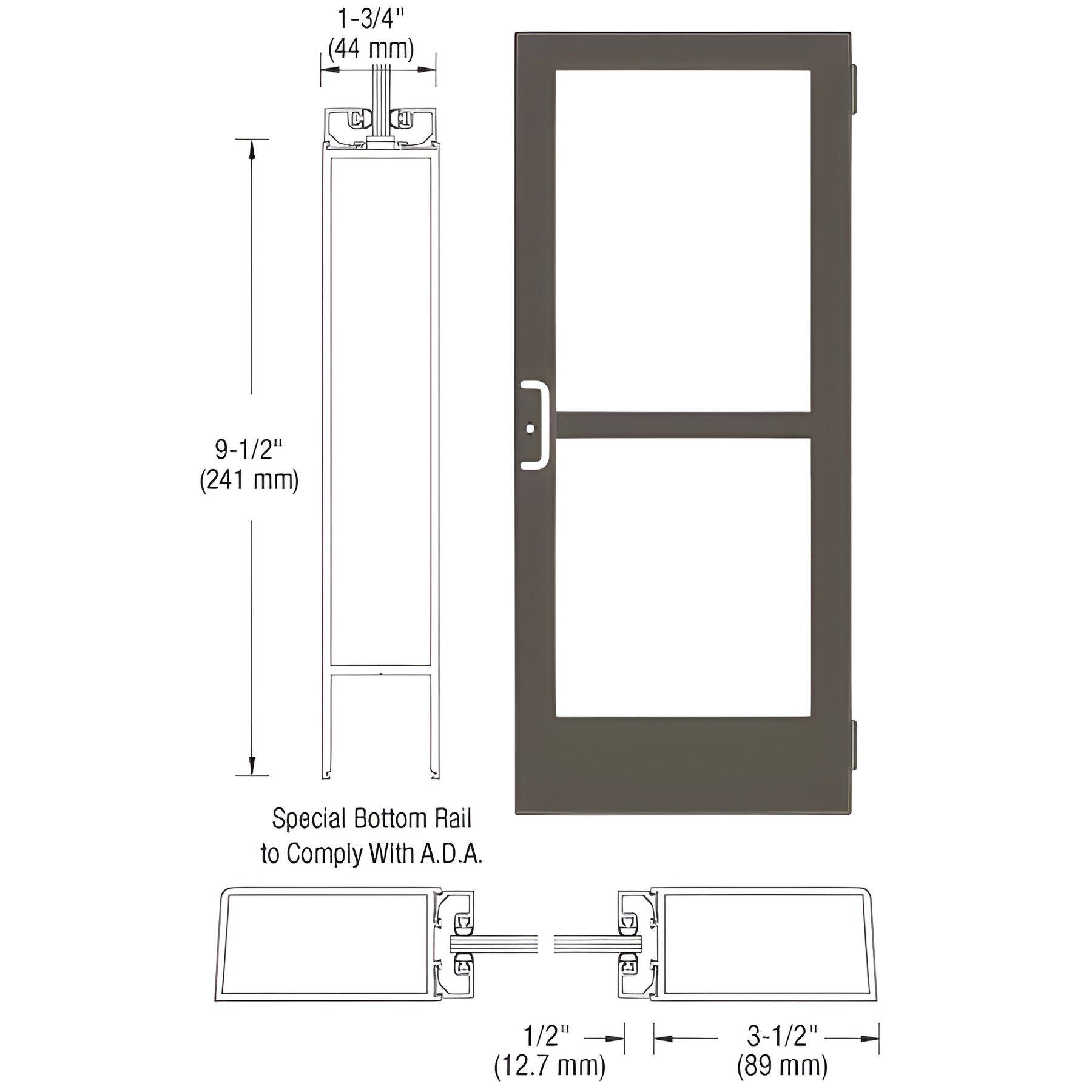 CRL-U.S. Aluminum Bronze Black Anodized Single 36" x 84" Series 400 Medium Stile Left Side Latch Butt Hinged Entrance Door With Rim Device for Surface Mount Door Closer