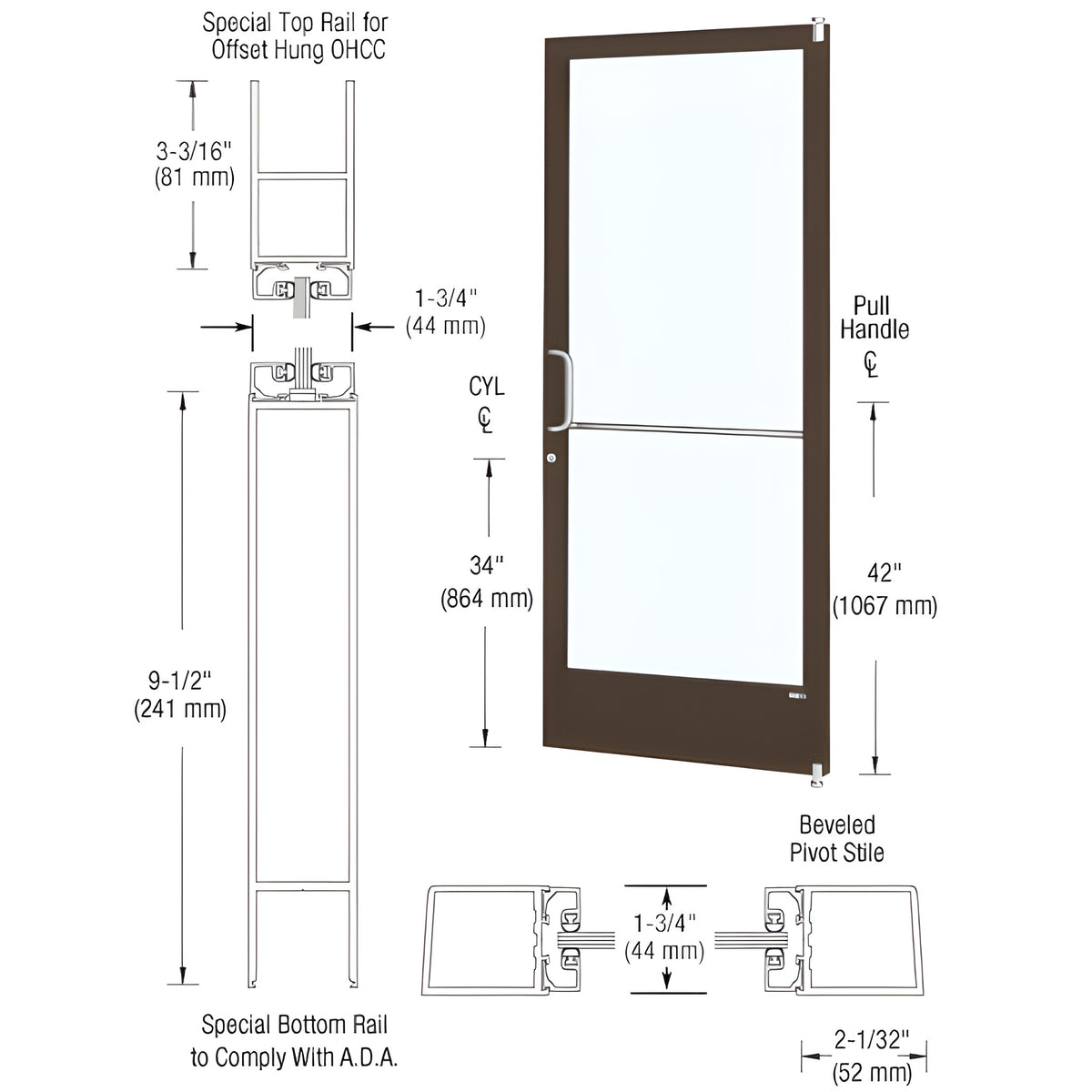 CRL-U.S. Aluminum Bronze Black Anodized Single 36" x 84" Series 250 Narrow Stile Left Side Latch Offset Pivot Entrance Door for 90 Degree Overhead Concealed Door Closer