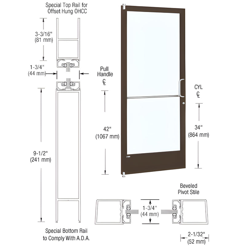 CRL-U.S. Aluminum Bronze Black Anodized Single 36" x 84" Series 250 Narrow Stile Right Side Latch Offset Pivot Entrance Door for 90 Degree Overhead Concealed Door Closer