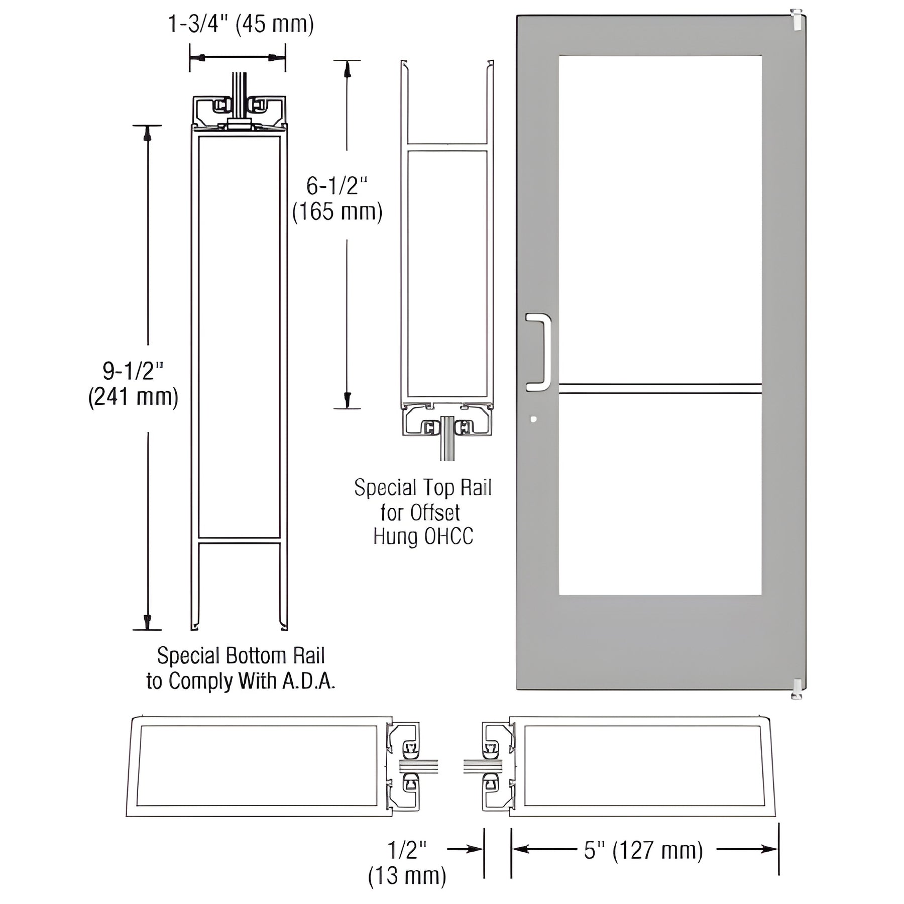 CRL-U.S. Aluminum Class Anodized Custom Single Series 550 Wide Stile Offset Pivot Entrance Door for Overhead Concealed Door Closer