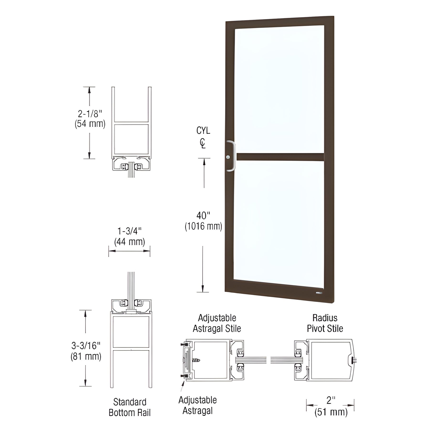CRL-U.S. Aluminum Class I Bronze Black Anodized 250 Series Narrow Stile Active Leaf of Pair 3'0 x 7'0 Center Hung for OHCC w/Standard Push Bars Complete Panic Door with Std. Panic and Bottom Rail