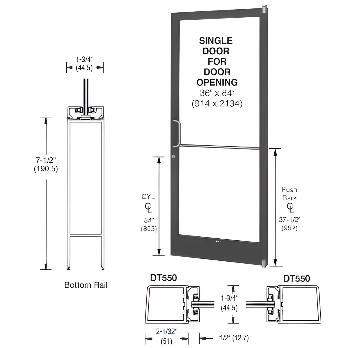 CRL-U.S. Aluminum Class I Bronze Black Anodized 250 Series Narrow Stile (RHR) HRSO Single 3'0 x 7'0 Offset Hung with Pivots for Surf Mount Closer Complete Door/Std. MS Lock, 7-1/2" Standard Bottom Rail