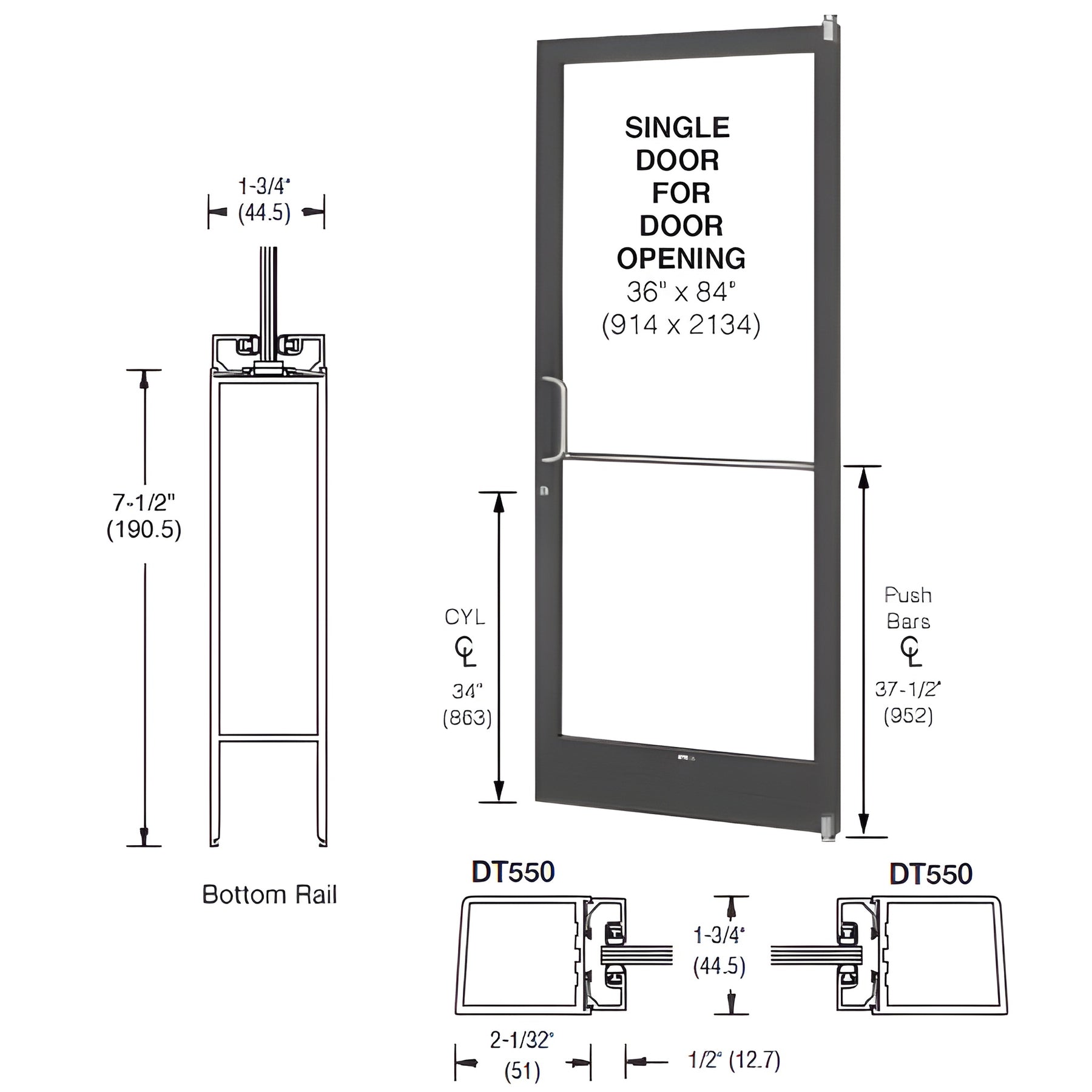 CRL-U.S. Aluminum Class I Bronze Black Anodized 250 Series Narrow Stile (RHR) HRSO Single 3'0 x 7'0 Offset Hung with Pivots for Surf Mount Closer Complete Door/Std. MS Lock, 7-1/2" Standard Bottom Rail